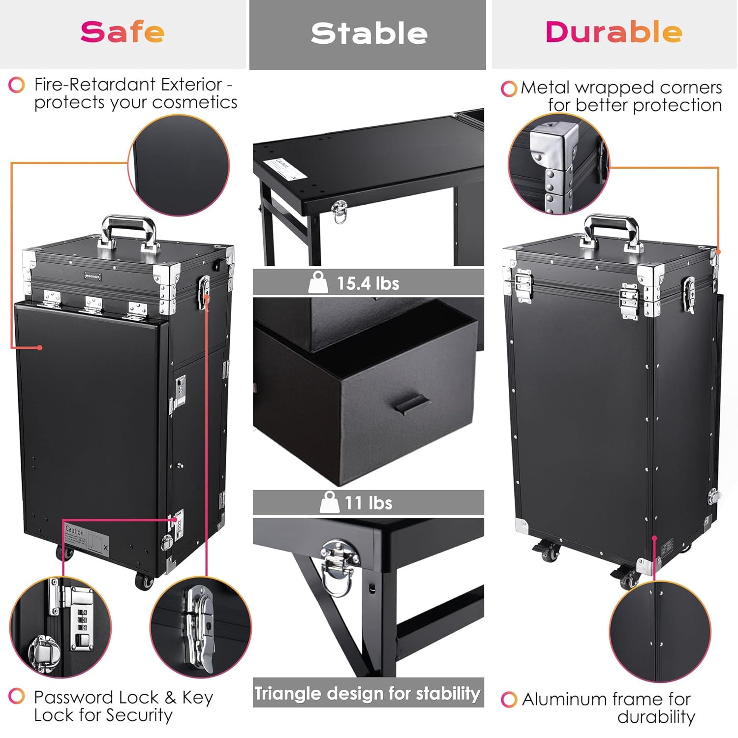 BYOOTIQUE Foldable Rolling Manicure Table Nail Desk Makeup Train Case Cosmetic Trolley Travel Storage Organizer Nail Tables with 4 Drawers Mirror & Speaker for Technician Workstation Mua Salon, Black