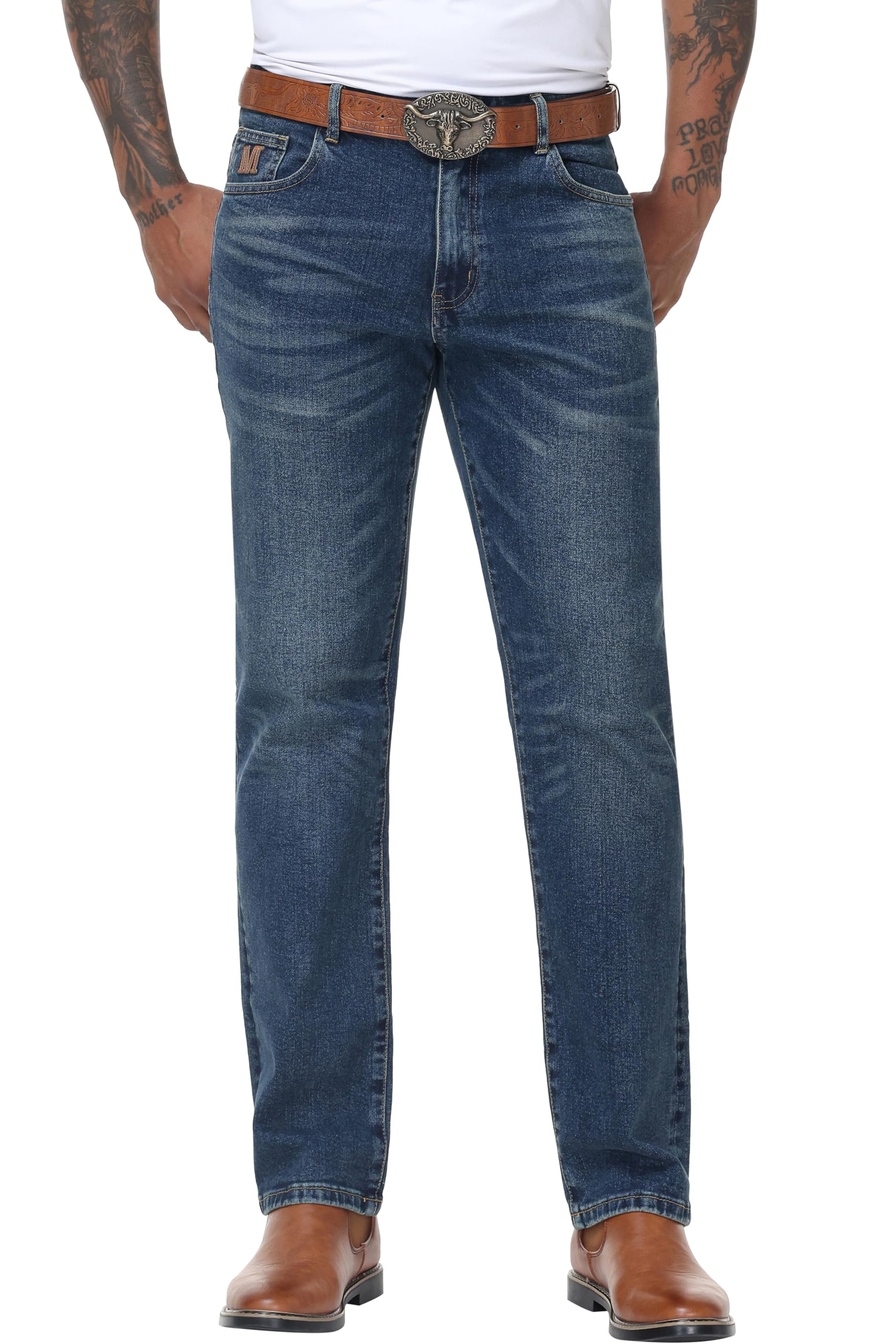 Mens Stretch Relaxed Fit Straight-Leg Jeans - Cowboy Cotton Fashion Comfort Flex Waist Denim Pants