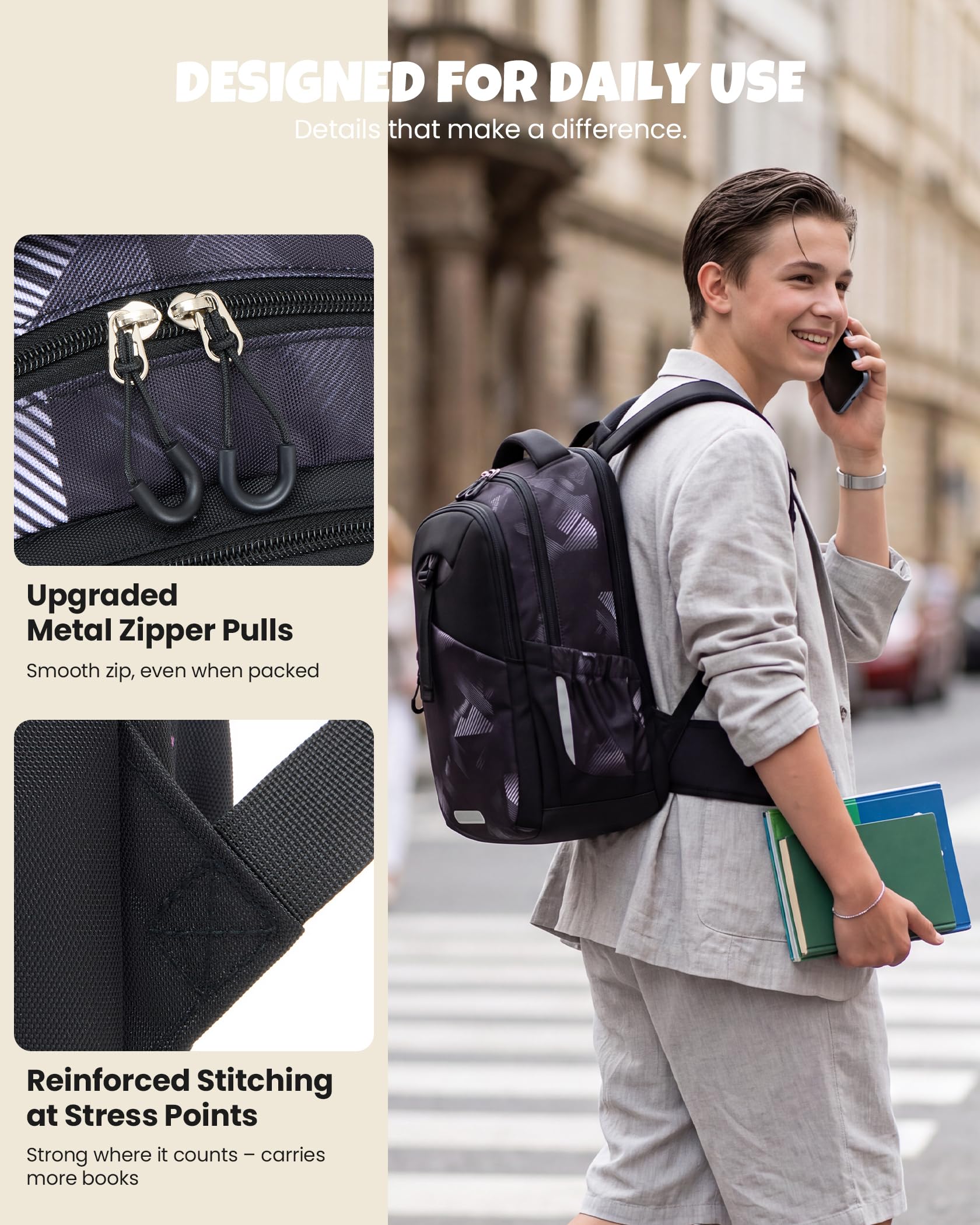 Amythe Zaino Adolescente Ragazzo Cintura Rimovibile | Zaino Ergonomico 30L Impermeabile Cintura Rimovibile Bande Riflettenti Copertura