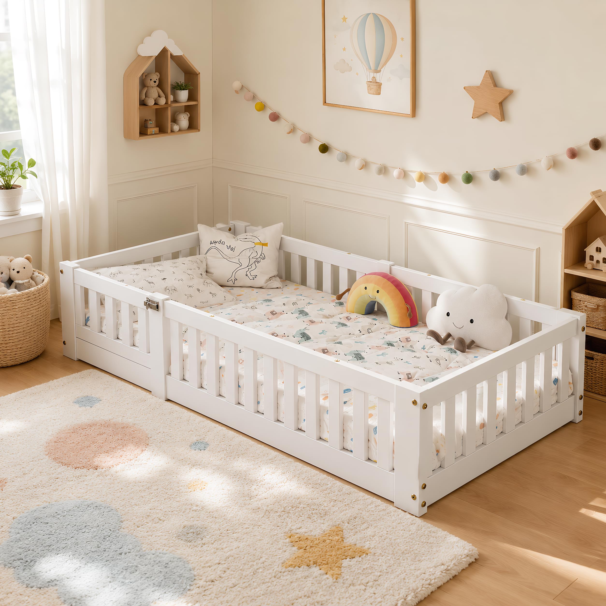 BRILVERDE Cama Infantil Montessori 120x200 cm con Rejilla y Puerta, Marco de Madera Maciza con Somier, Juvenil Individual para Niñas y Niños (Blanco, 120 x 200 cm)