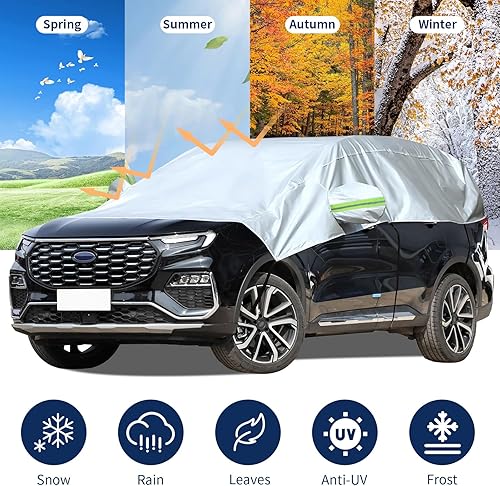 Vista 13 de Hrozny Cubierta de nieve para automóvil, cubierta de media cubierta de automóvil sedán, impermeable para todo tipo de clima, cubierta de parabrisas