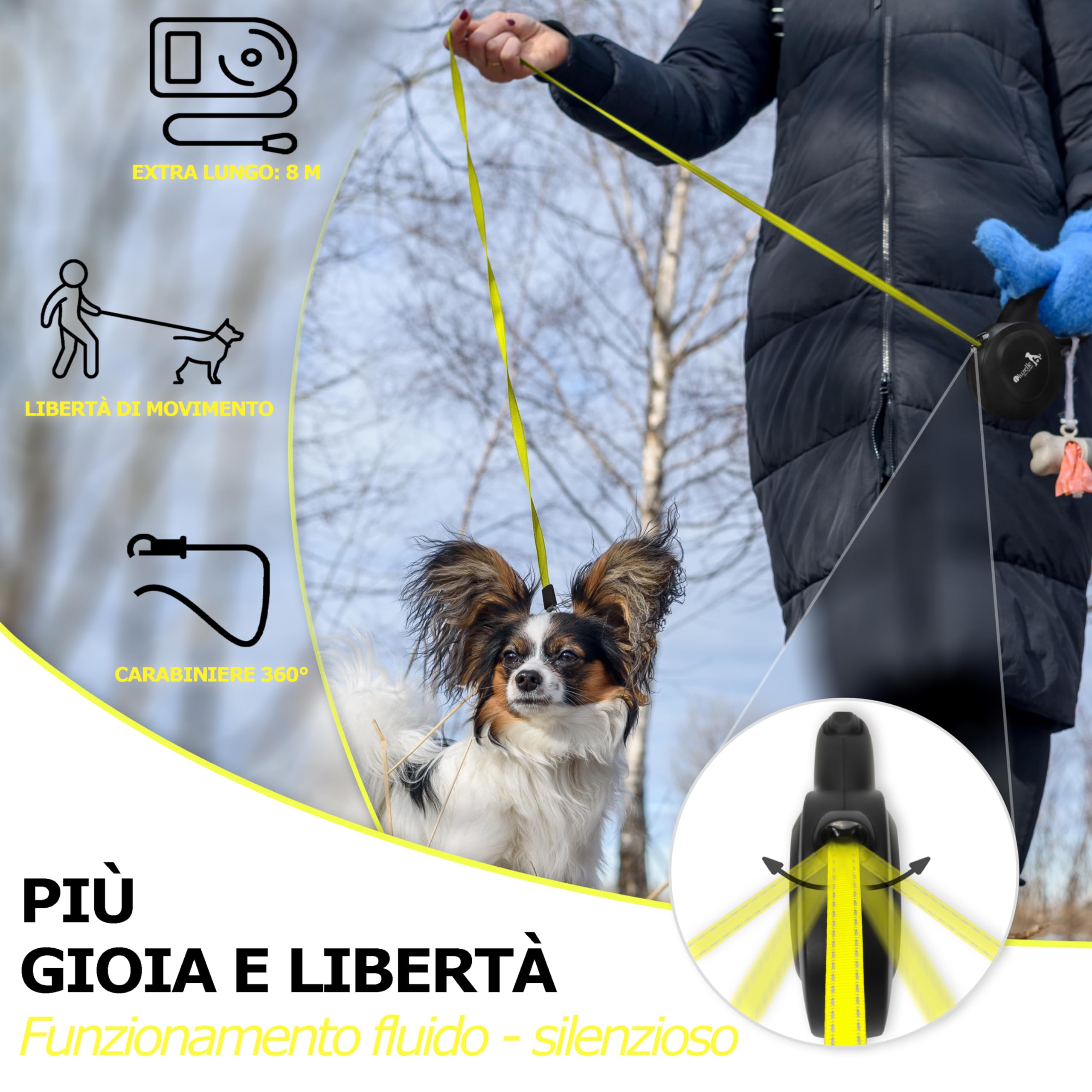 8m Guinzaglio per Cani per Cane Taglia Grande Fino a 50 kg, Giallo Neon Brillante Cinghia con Gancio a Scatto a 360° in Metallo, Freno di Ritrazione, Impugnatura Ergonomica Gommata, Nero