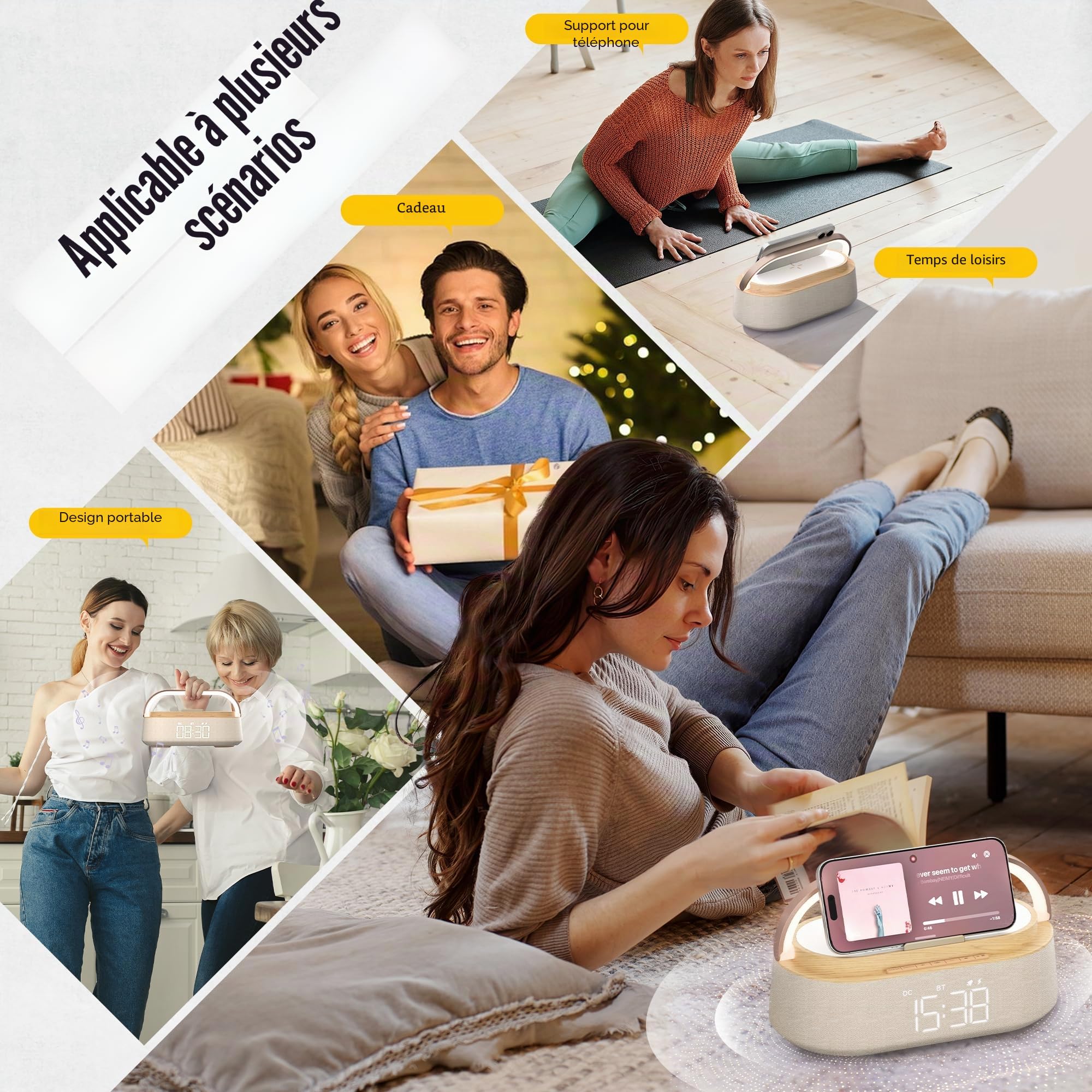 COLSUR Radio Reveil Digital avec Chargement sans Fil, Multifonctionnel Radio FM avec Port de Chargement USB, Réveil Matin Enceinte Bluetooth, Affichage LED, Lampe Cadeau Homme Femme