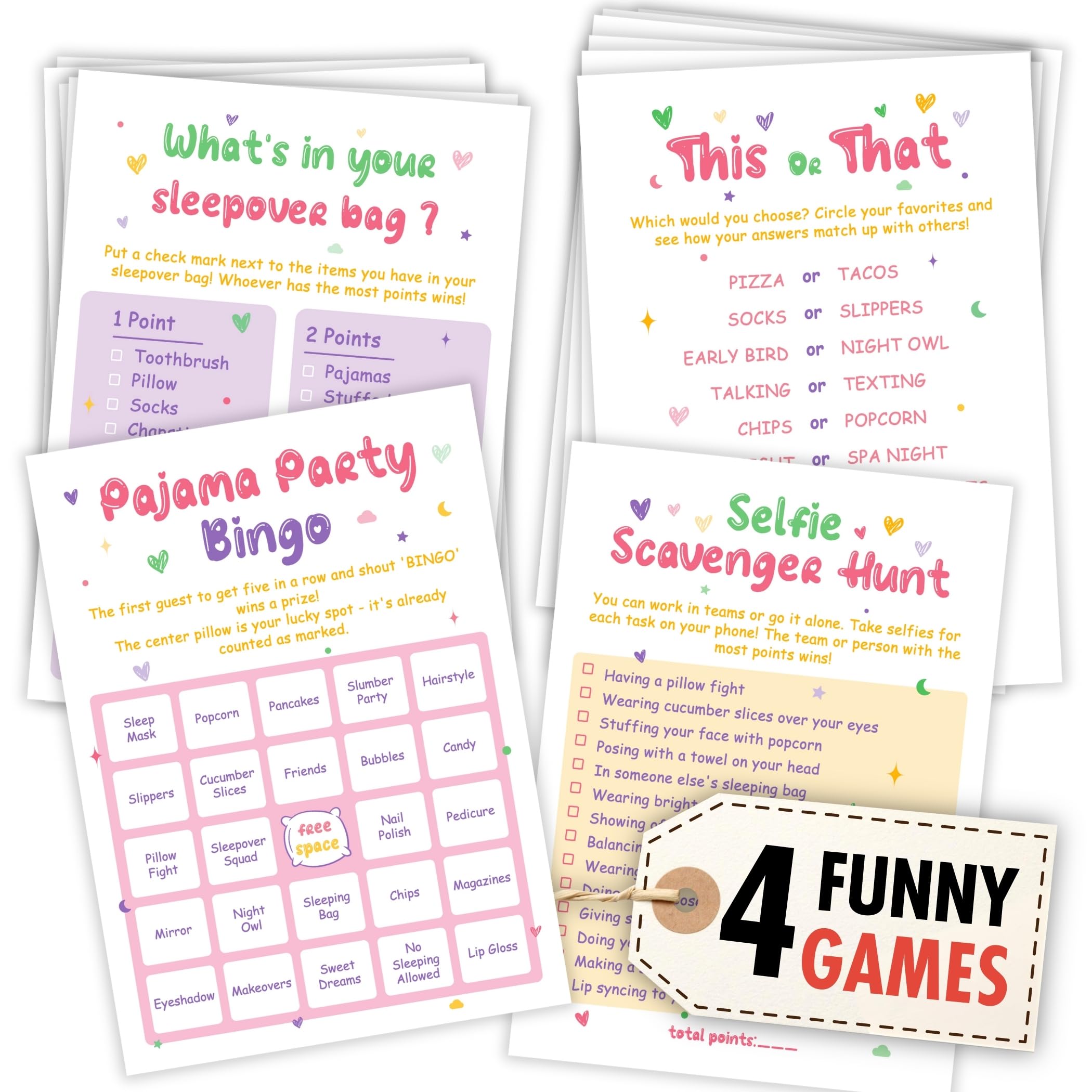 Slumber Party Games For Girls 8-12 - Sleepover Games For Girls 10-12, Sleepover Party Game Ideas, Slumber Party Bingo Cards For Pajama Party Decorations, Sleepover Party Supplies for Girls