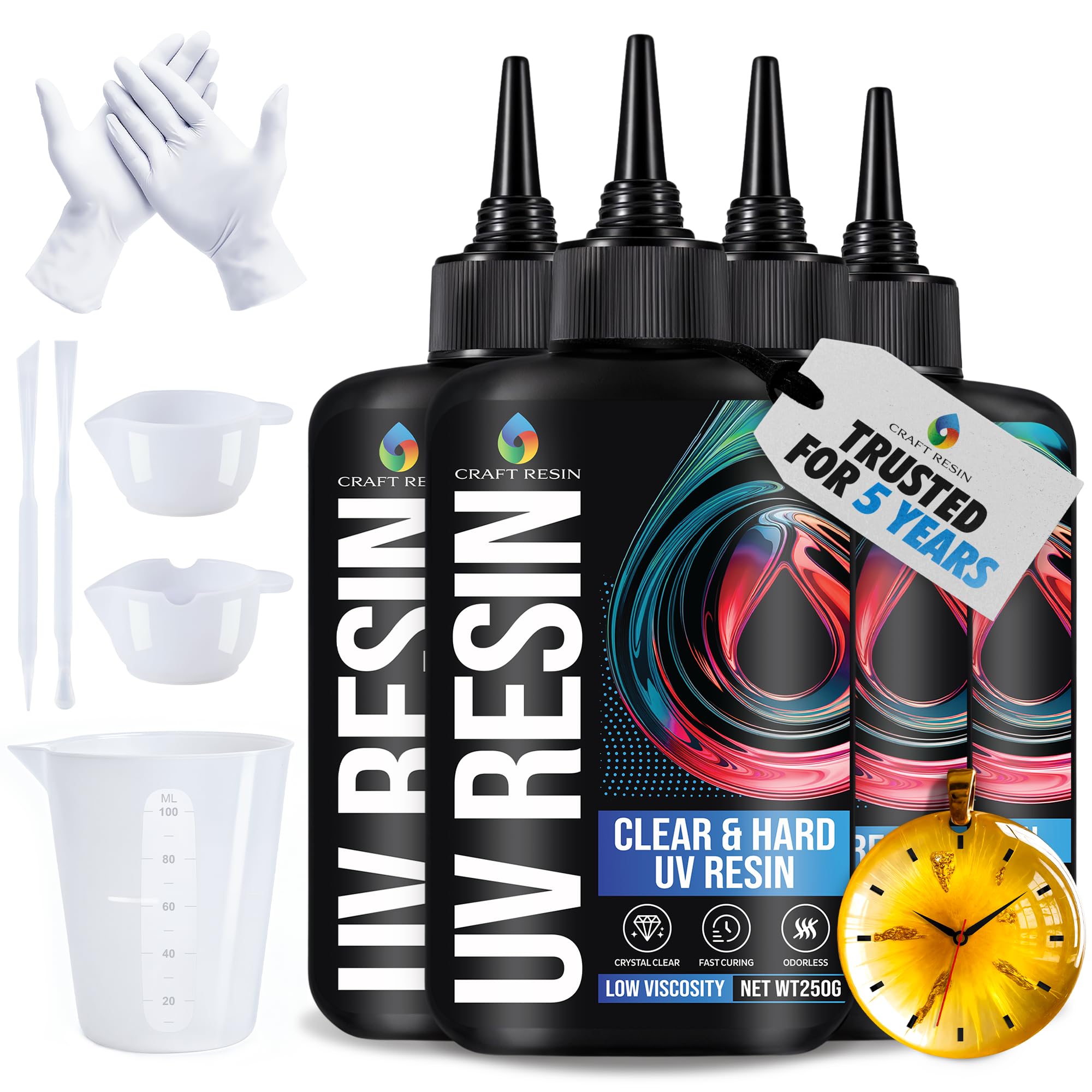 CRAFT RESIN 1000g UV Resin Kit Hard Type Low Viscosity โ Crystal Clear and No-Yellowing UV Resin Glue for DIY, Jewelry Making, Molds Casting and Polymer Clay Projects - Fast Cure under UV Light