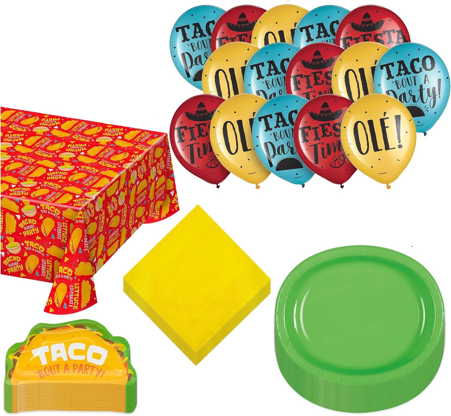Taco Fiesta Party Pack - Lime Green Oval Platters, Taco-Shaped Appetizer Plates, Lunch Napkins, Table Cover, and Assorted Latex Balloons For 16 Guests