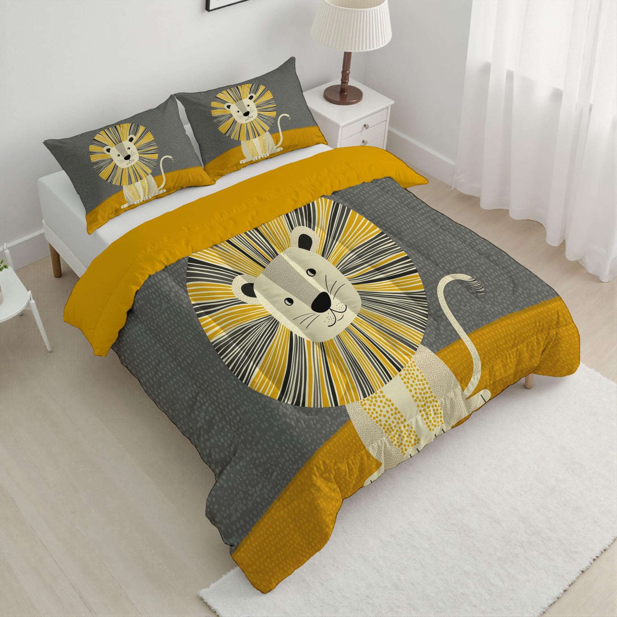 Trapunta Invernale in Ecopiuma, 240x220cm Set Piumone Bambino Imbottita 200 gr/mq Caldo e Morbido Piumino Trapuntato Leone Dei Cartoni Animati Coperta Letto Reversibile per 4 Stagioni, Giallo