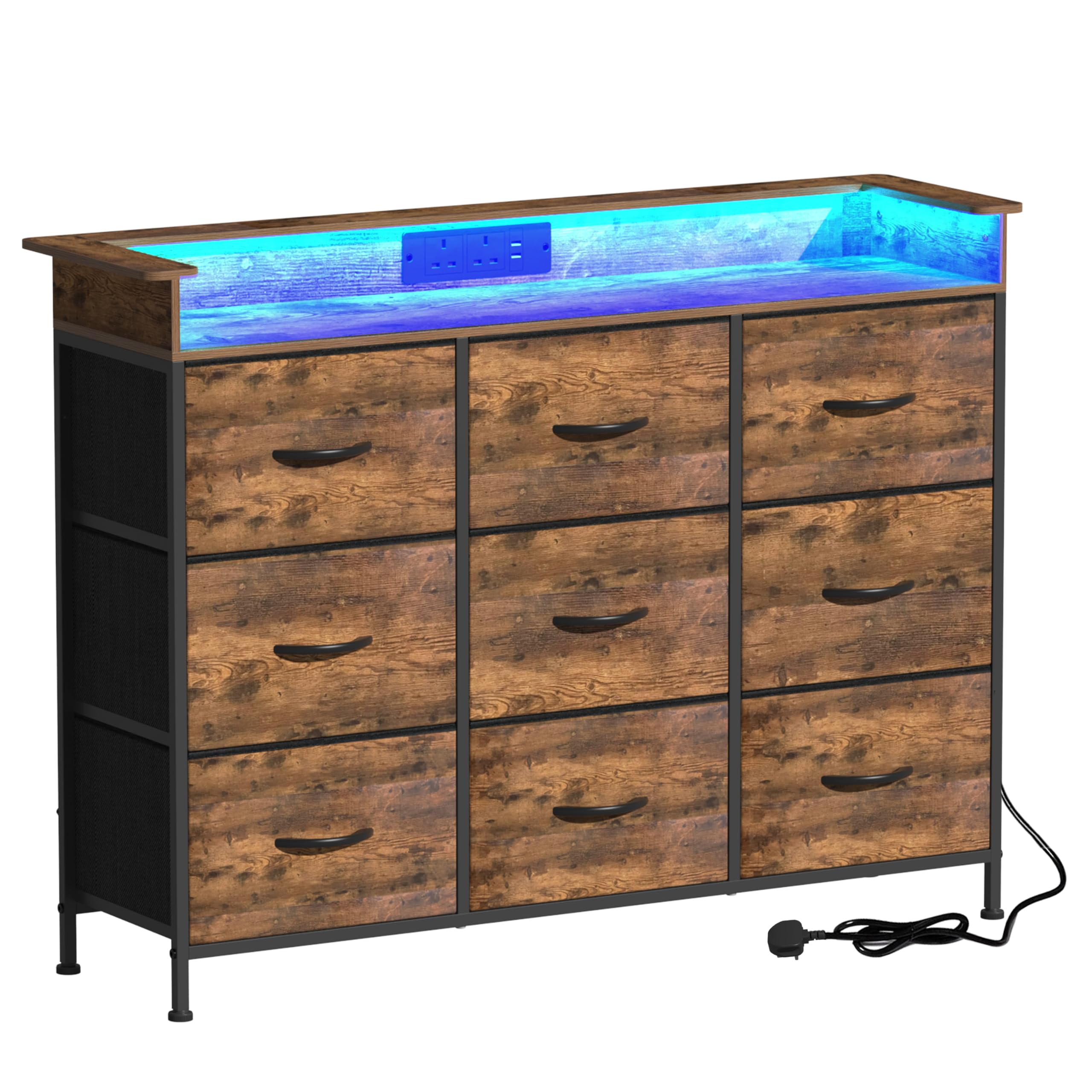VEDECASA Chest of Drawers for Bedroom with LED Light 9 Drawer Clothes Dresser with Charging Station for Living Room Entryway Closet Sturdy Steel Frame Wooden Top Easy Pull Handle, Brown