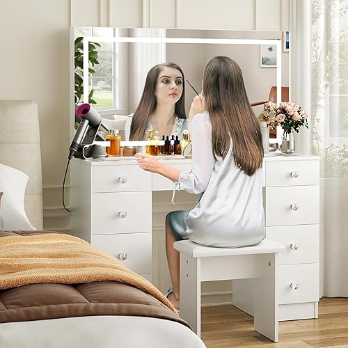 Miniatura 7 de VOWNER Tocador con Espejo Iluminado - Escritorio de Maquillaje con Superficie de Vidrio con Toma de Corriente y 9 Cajones, 3 Modos de Iluminación de