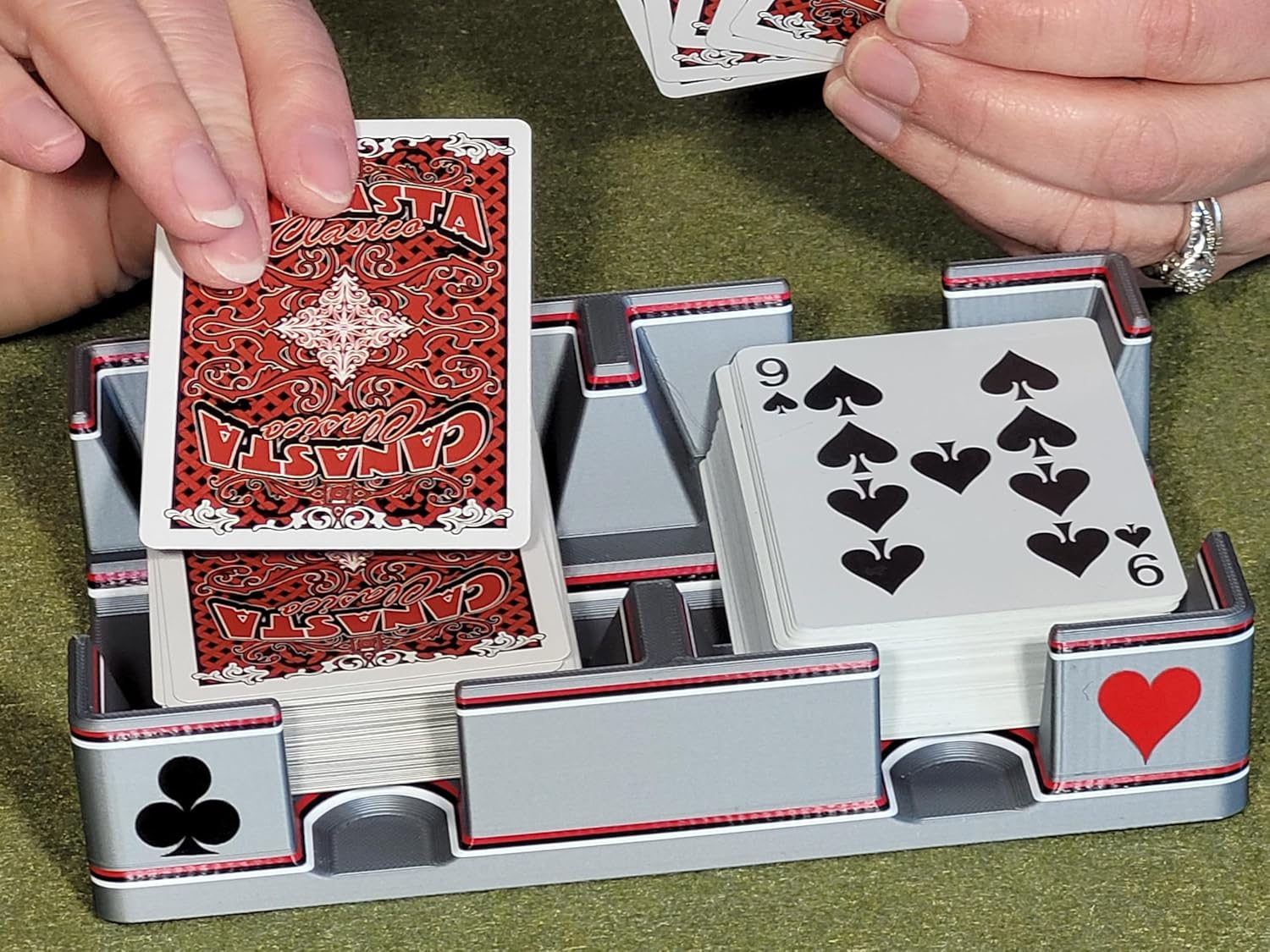 Ritzy Playing Card Tray, Non-Swivel for Card Games Using 1-2 Decks of Cards: Suited Plastic Design Features Hearts, Diamonds, Spades and Clubs - Made in USA (Vintage Silver Design)