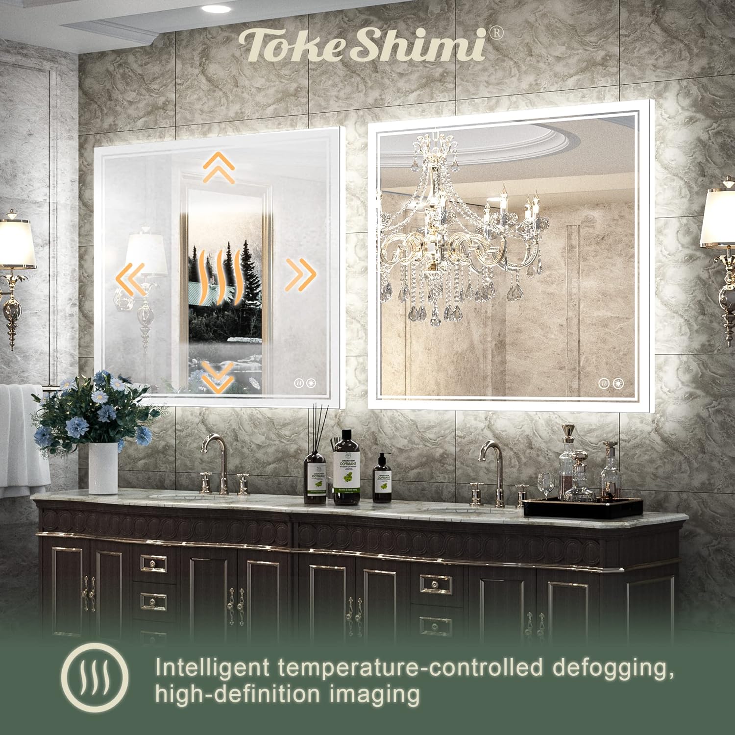 TokeShimi 36x36 inch LED Mirror for Bathroom Square Vanity Make-up Mirror with Anti-Fog and Touch Switch 3-Color dimmerable Adjustable Lights White/Warm/Naturealral Wall Mounted