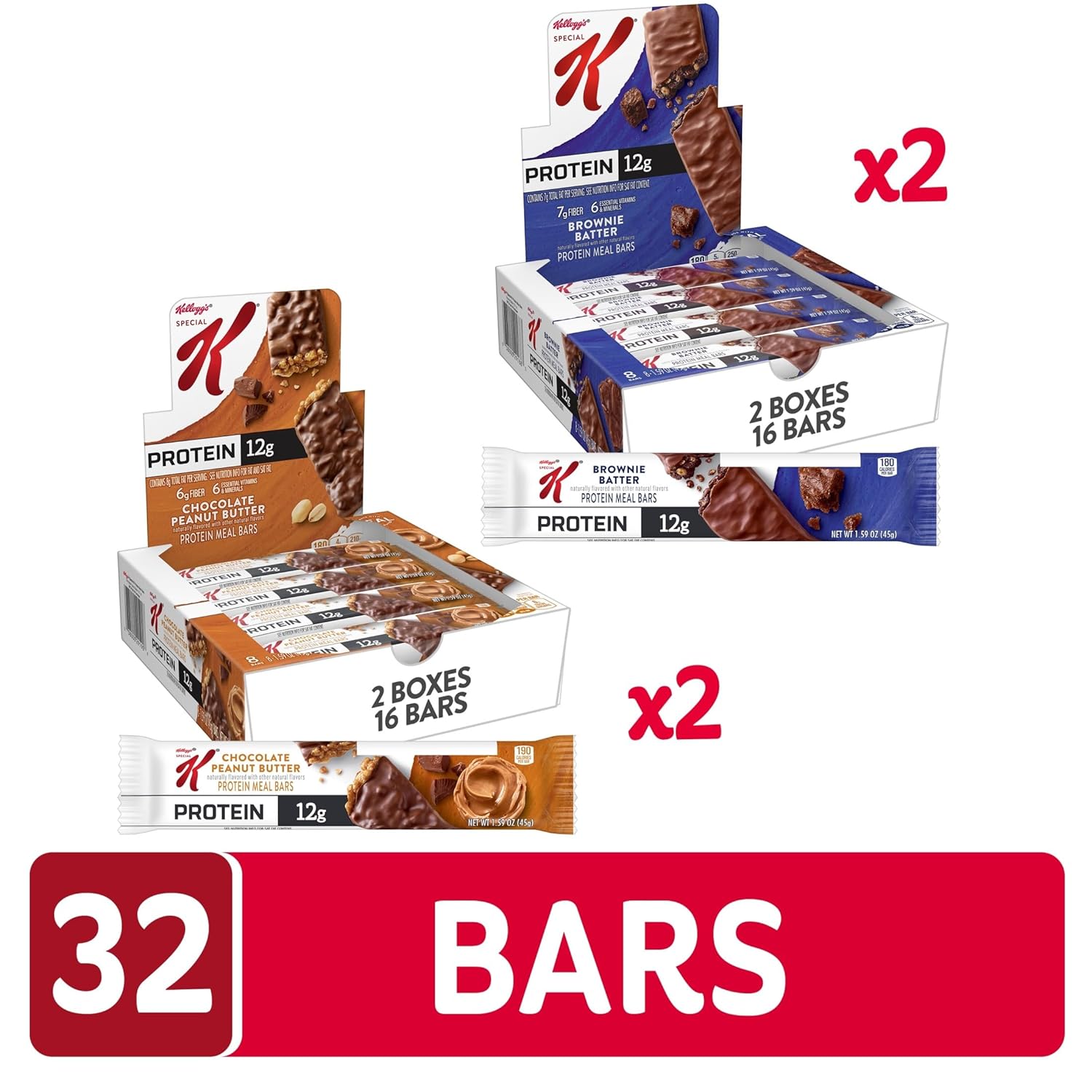 Special K Bar Protein Meal Bars, Meal Replacement, Variety Pack, 3.18lb Case (4 Boxes, 32 Count)