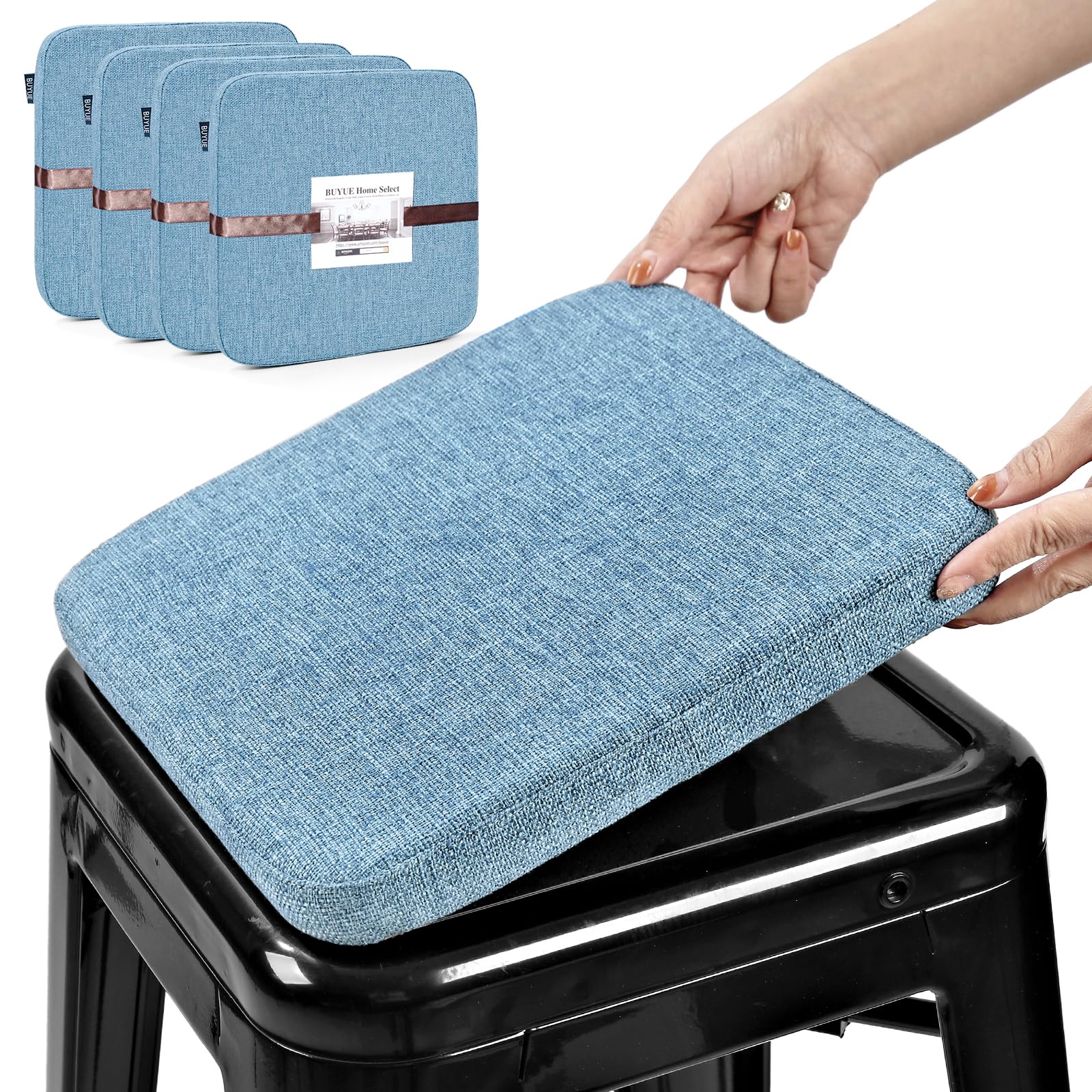 BUYUE Friendly Woven Fabric Magnetic Bar Stool Cushions Set of 4, Enhanced Anti-Slip Breathable Small Chair Seat Pads for Café Bistro Stackable Metal Stools (Square, Light Blue, 4 Counts)