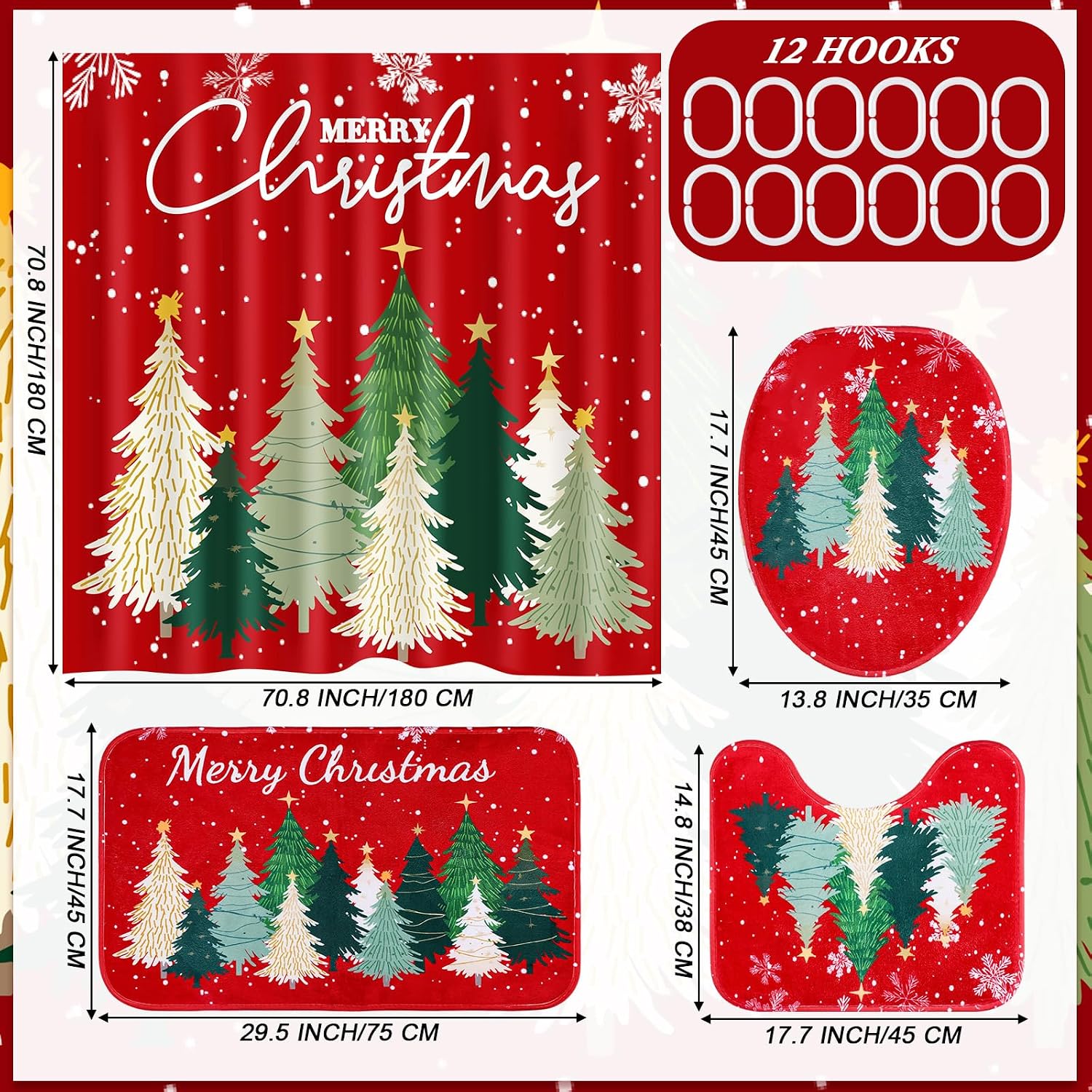Fanfanwin 4 Pcs Merry Christmas Bathroom Set with 71x71 Inches Christmas Tree Shower Curtain Non-Slip Rugs Toilet Lid Cover and Bath Mat Waterproof Bathroom Decor Accessories Set