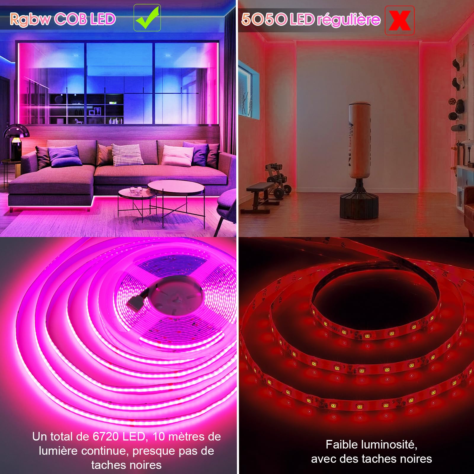 Wlan Cob LED Streifen RGBW 10m mit Fernbedienung, Led Cob Strip Alexa LED Lichtband 24V Selbstklebend Lichtleiste COB, 672 Leds/M, RGB+Warmweiss, Kompatibel mit Alexa Google Home