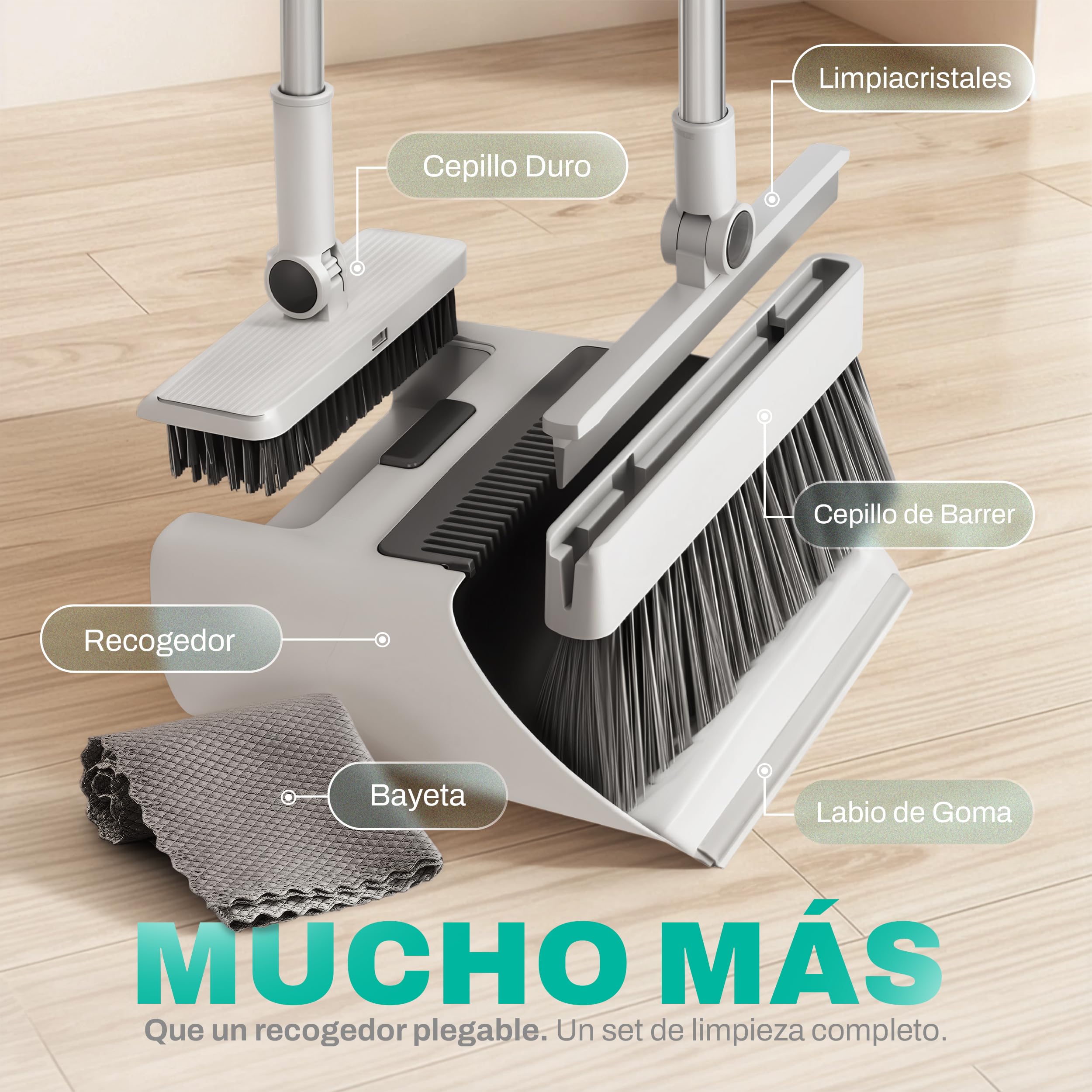 Bione Escoba y Recogedor Plegable con Palo de 126 cm - Set de Limpieza de Escoba 3 en 1 con Cepillo Barrer, Cepillo Duro, Limpiacristales Integrado, Bayeta y Recogedor Basura - Práctico y Compacto