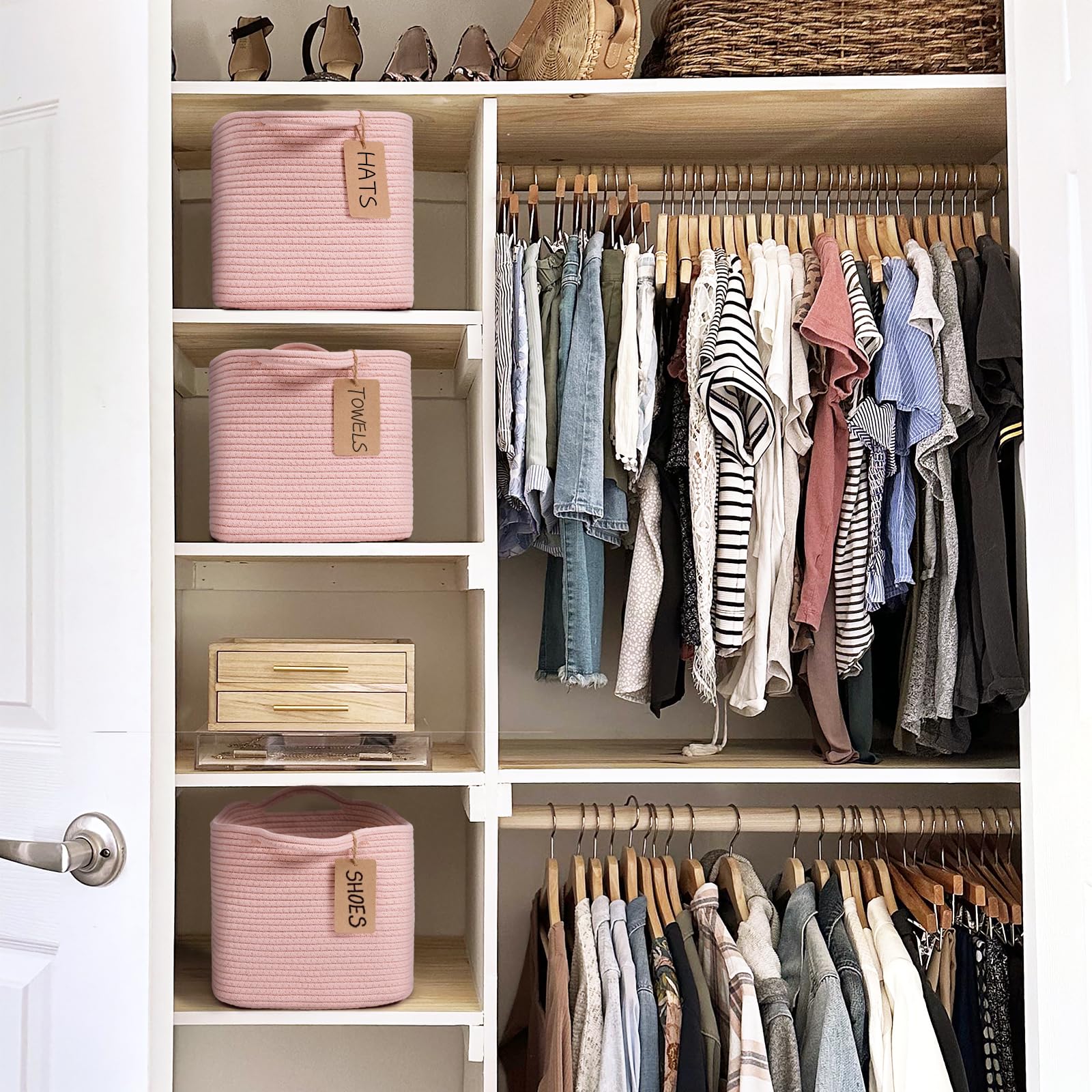 Woven Storage Basket, Cotton Rope Basket for Shelves Closet Organizer Square Shelf Basket for Toys Books, Shoes - Image 4
