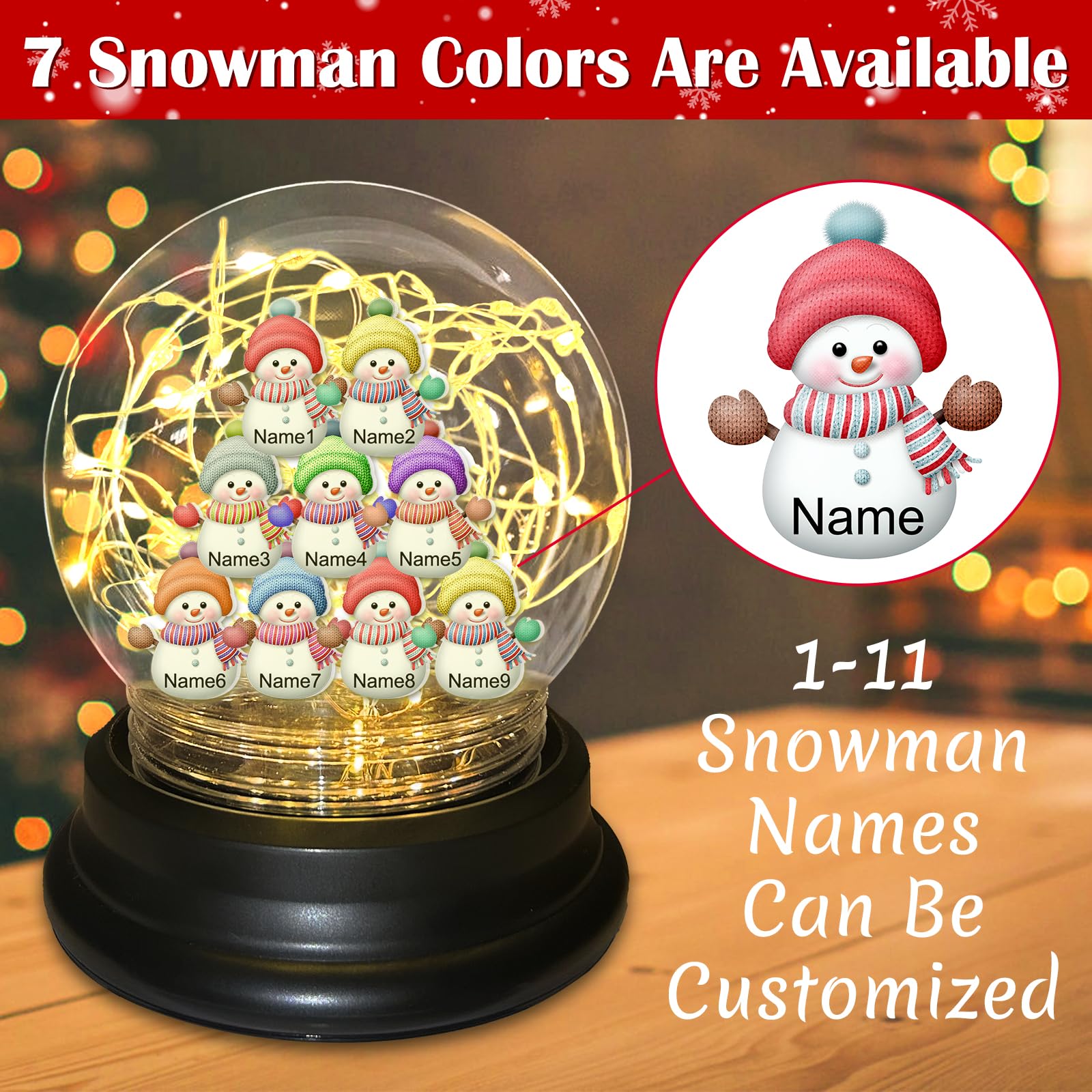 Bllkloruek Personalized Family Snowman Ball Light Up Christmas Globe Lamp Custom Names Snowman Nightlight Customized Xmas Indoor Decorations Gifts