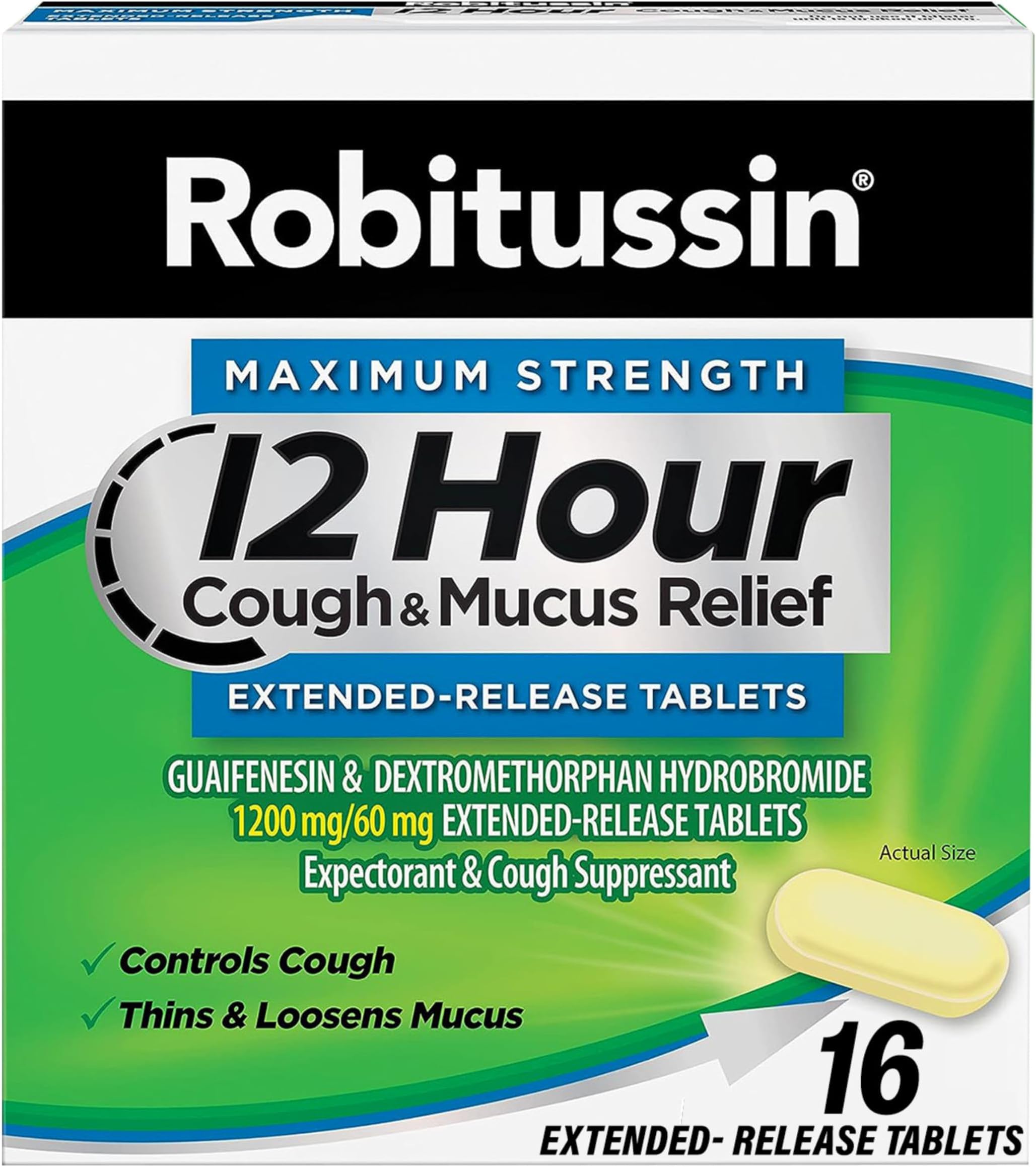 Robitussin Maximum Strength 12 Hour Cough and Mucus Relief, Expectorant and Cough Suppressant, 16 Extended-Release Tablets