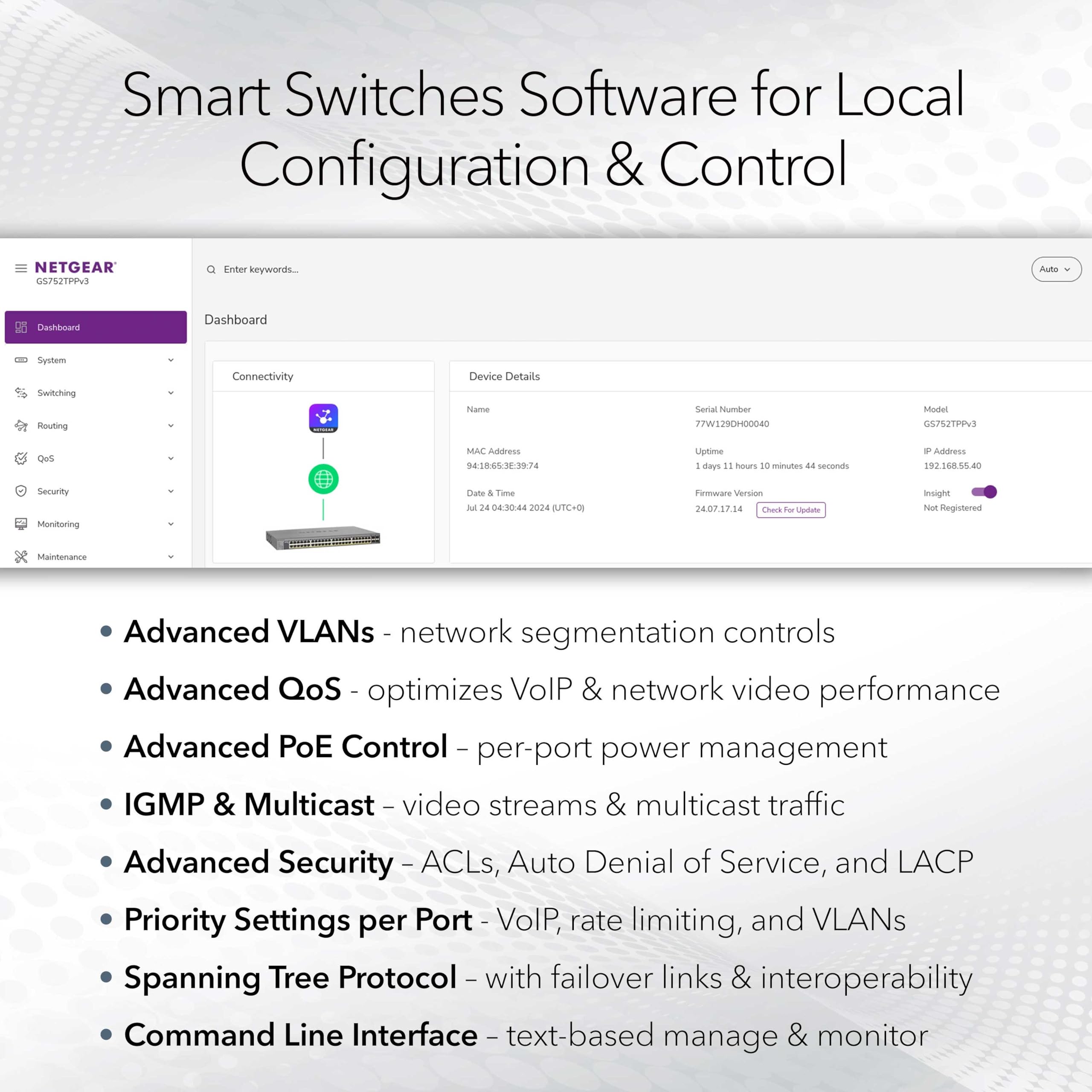 NETGEAR Commutateur Intelligent Gigabit Ethernet 8 Ports (GS108T) – Géré, avec 1 Port PD, Gestion du Cloud Insight en Option, Support de Bureau ou Mural, Fonctionnement Silencieux et Protection à Vie