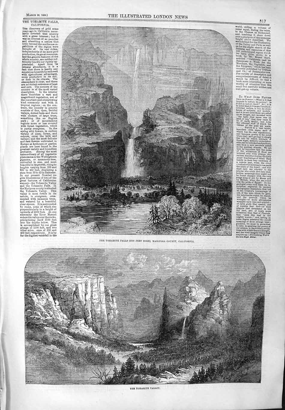 1859 YOHAMITE VALLEY FALLS MARIPOSA RIVER CALIFORNIA