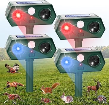 4Pack Solar Ultrasonic Animal Repellent Outdoor,Waterproof Sonic Fortress Pro Deer Repellent Devices,Cat Repellent with Red&Blue Flash Lights to Scare Rabbit Raccoon Squirrel