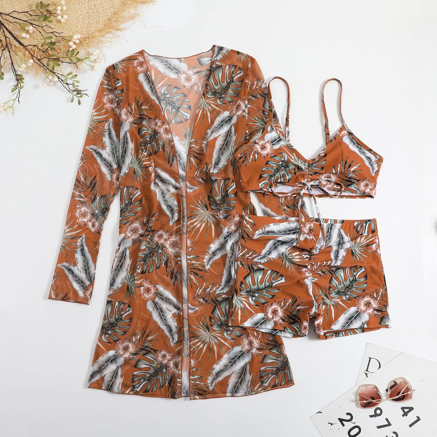 Yknktstc Womens 3 Pieces Bikini Set Swimsuit Tropical Beach Cover up Kimono Swimwear Bathing Suit with Boy Shorts - Image 3