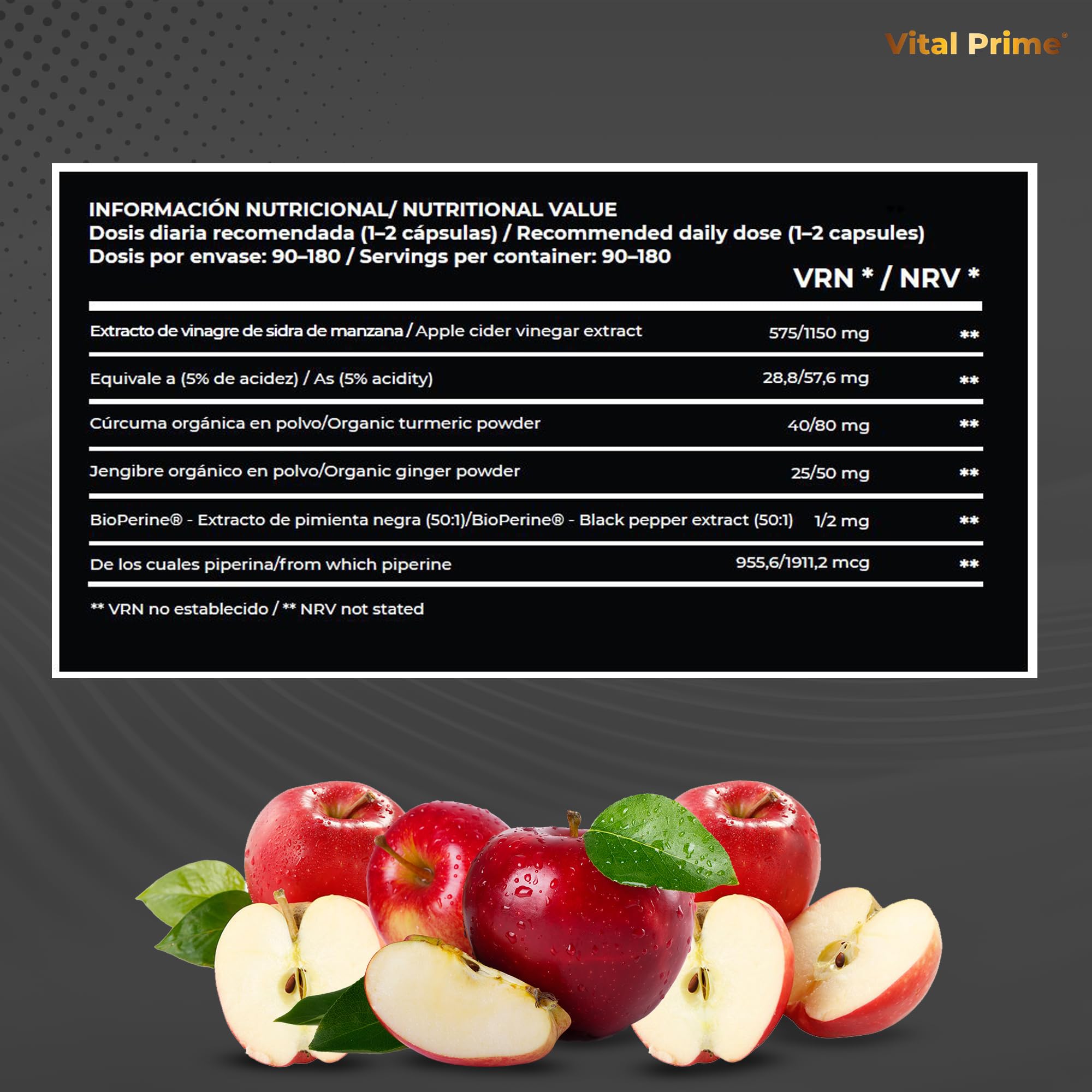 VITAL PRIME Vinagre de Manzana Capsulas 180 Cápsulas 661mg por Cápsula con Cúrcuma, Jengibre y Pimienta Negra con la Madre | Suministro para 6 Meses | Cápsulas de Vinagre de Manzana Apto para Veganos - 2