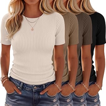 Neer 4 Pack Womens Ribbed T-Shirts Cotton Short Sleeve Fitted Basic Tops Crew Neck Casual Shirts Summer Trendy Tees 2026