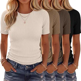 Neer 4 Pack Women's Ribbed Cotton Short Sleeve Fitted Basic Tops Crew Neck Casual Shirts Summer Trendy Tees 2026