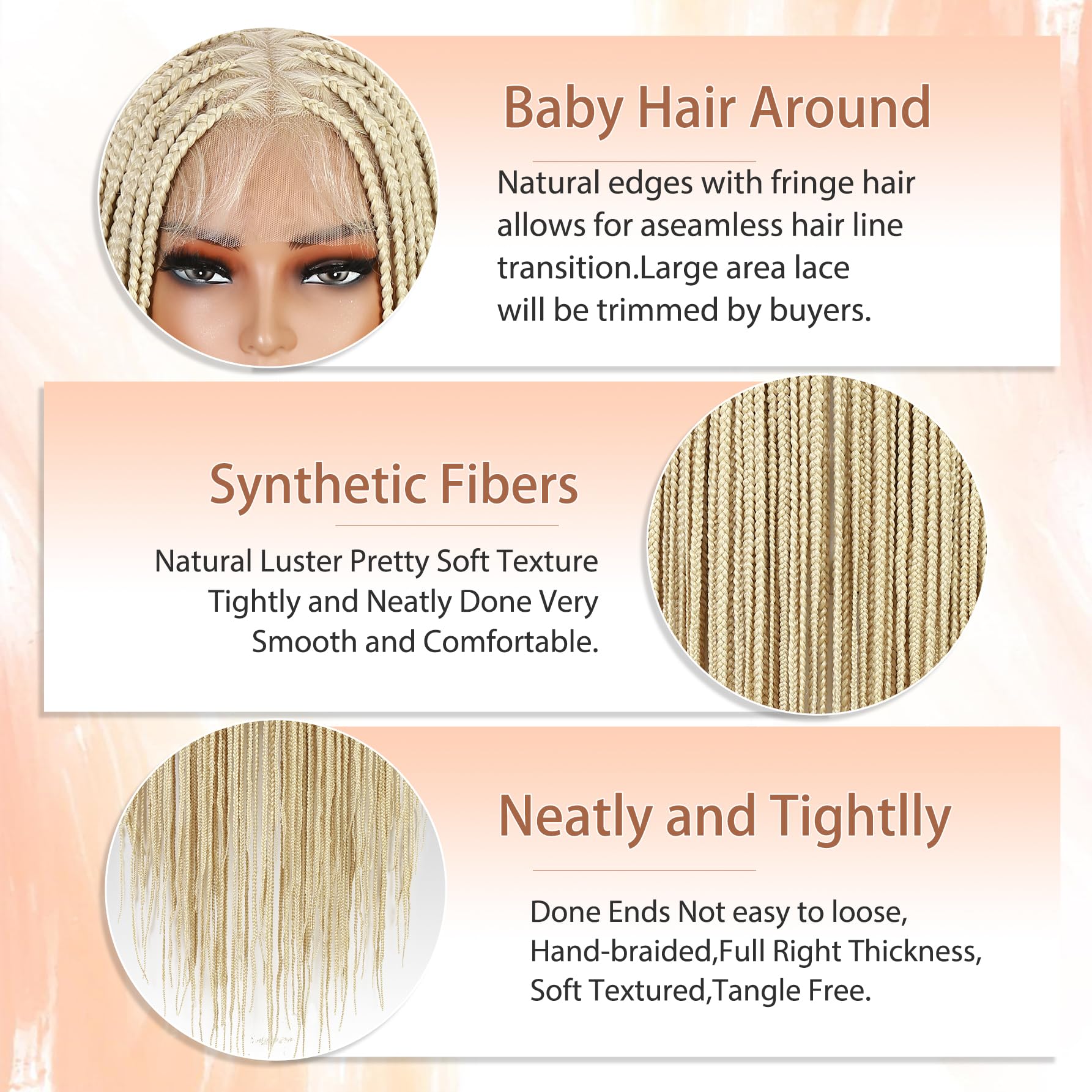 WIGNEE Parrucca a Treccine Box Senza Nodi, 36 Pollici - Pizzo Intero HD con Nodi Triangolari Annodati a Mano - Frontale in Pizzo con Baby Hair - Parrucca Intrecciata Sintetica e Naturale per Donne