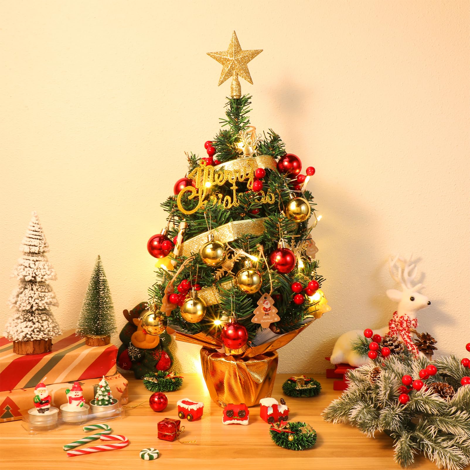 Cabilock Kleiner Weihnachtsbaum 60cm mit LED Lichtern und Kugeln für Tischdekoration