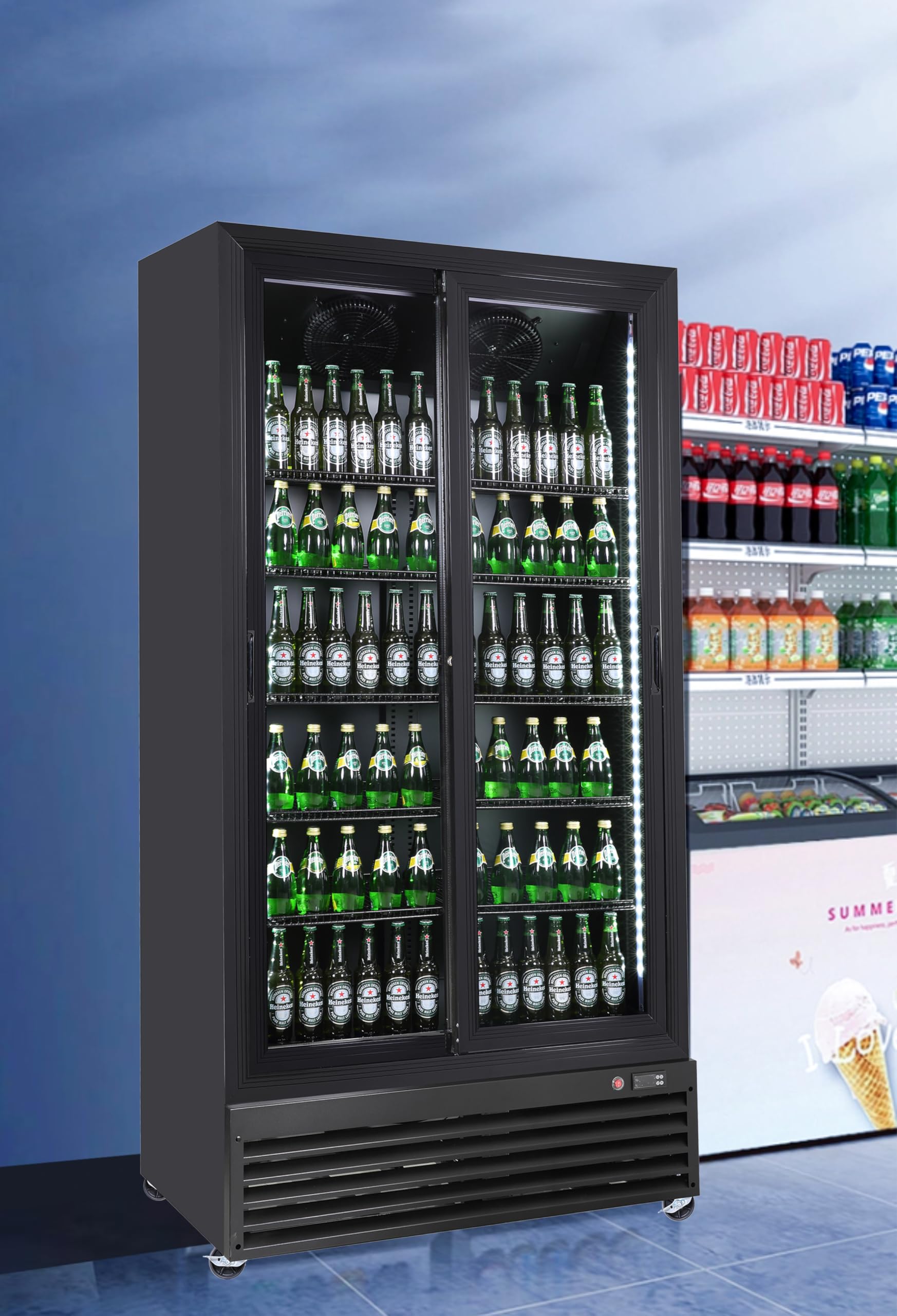METRO Professional Réfrigérateur à Boissons GSC3800B, Noir, 700 L, 2 Portes Coulissantes en Verre, LED, 100 x 68.3 x 202.3 cm