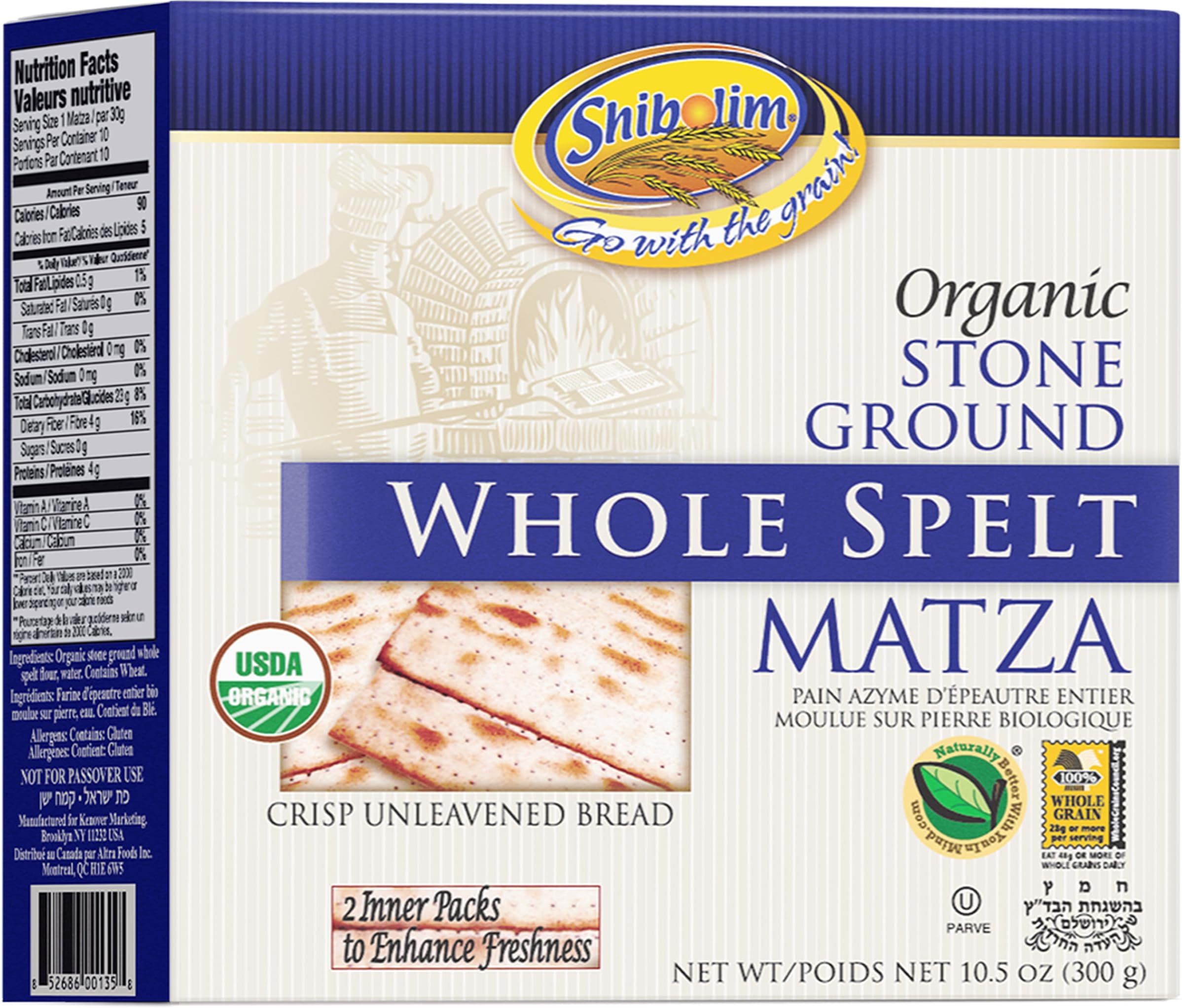 Shibolim Organic Whole Spelt Matzo, 10.5oz | Unsalted Whole Grain Crisp Spelt Crackers | Two Stay Fresh Packs Per Box to Mantain Freshness | Certified Kosher