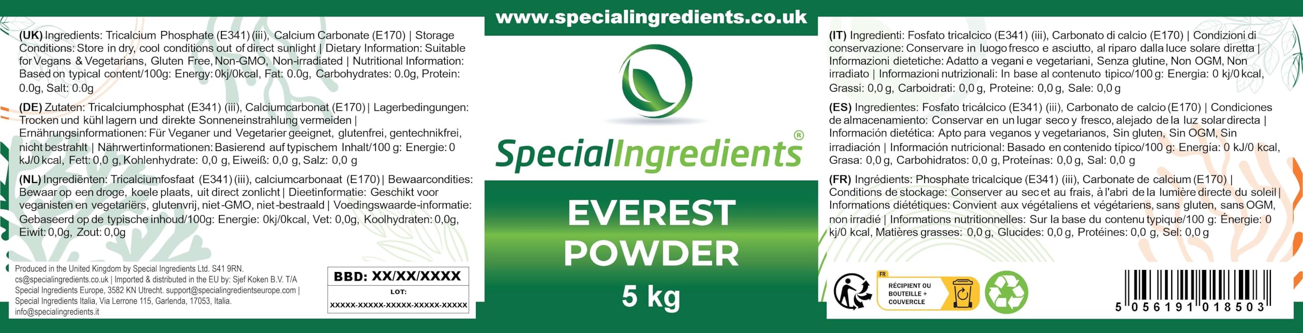 Special Ingredients Everest Powder, 5 kg | Everest Pulver, Ersatz für Titandioxid, für Saucen, Milchprodukte, Desserts, Eiscreme und Backen, Vegan, Glutenfrei, GVO-Frei