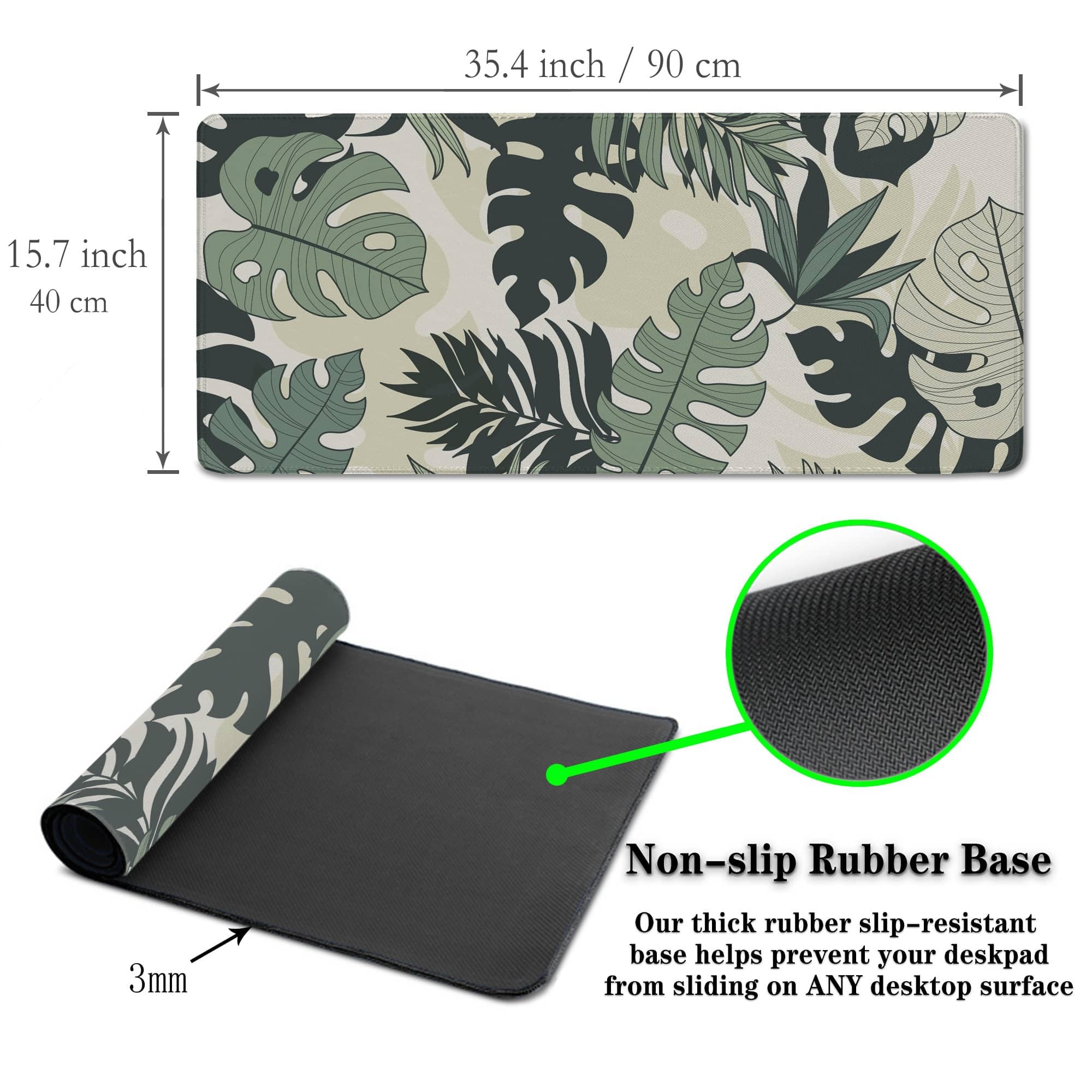 Alfombrilla de mouse grande larga para escritorio, teclado y juegos, base de goma antideslizante, impermeable, con bordes cosidos, 35.4 x 15.7 pulgadas, para oficina de juegos, hojas de