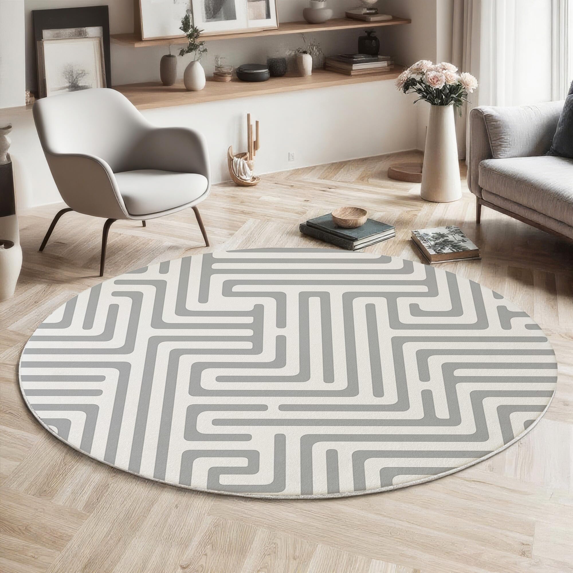 Tapis rond 180cm blanc cassé de salon lavable en machine et tapis de chambre géométrique