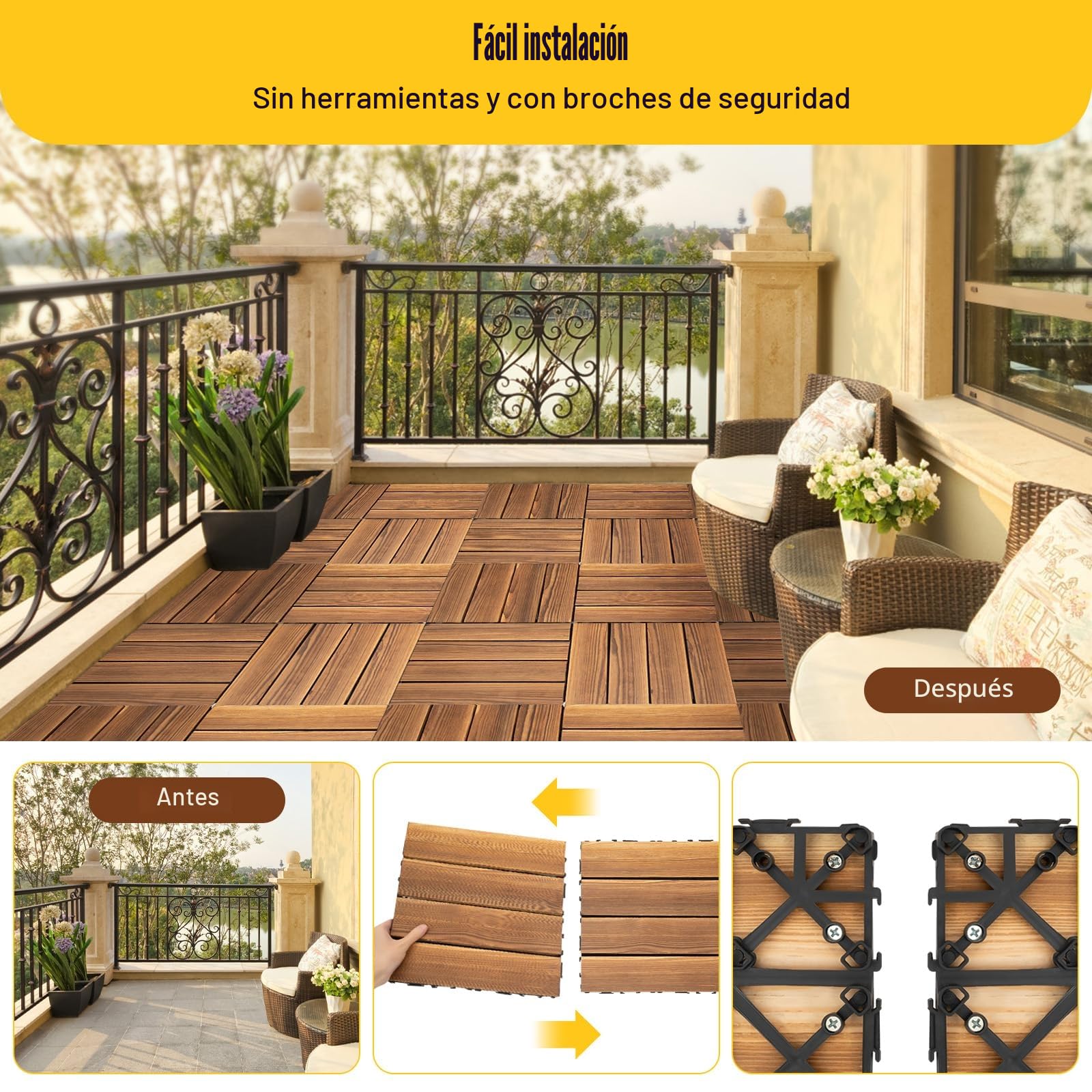 36 piezas de baldosas entrelazadas para terraza, baldosas jardin exterior, baldosas de madera para balcones, suelo de terraza para exteriores, baldosas impermeables, parquet de madera maciza