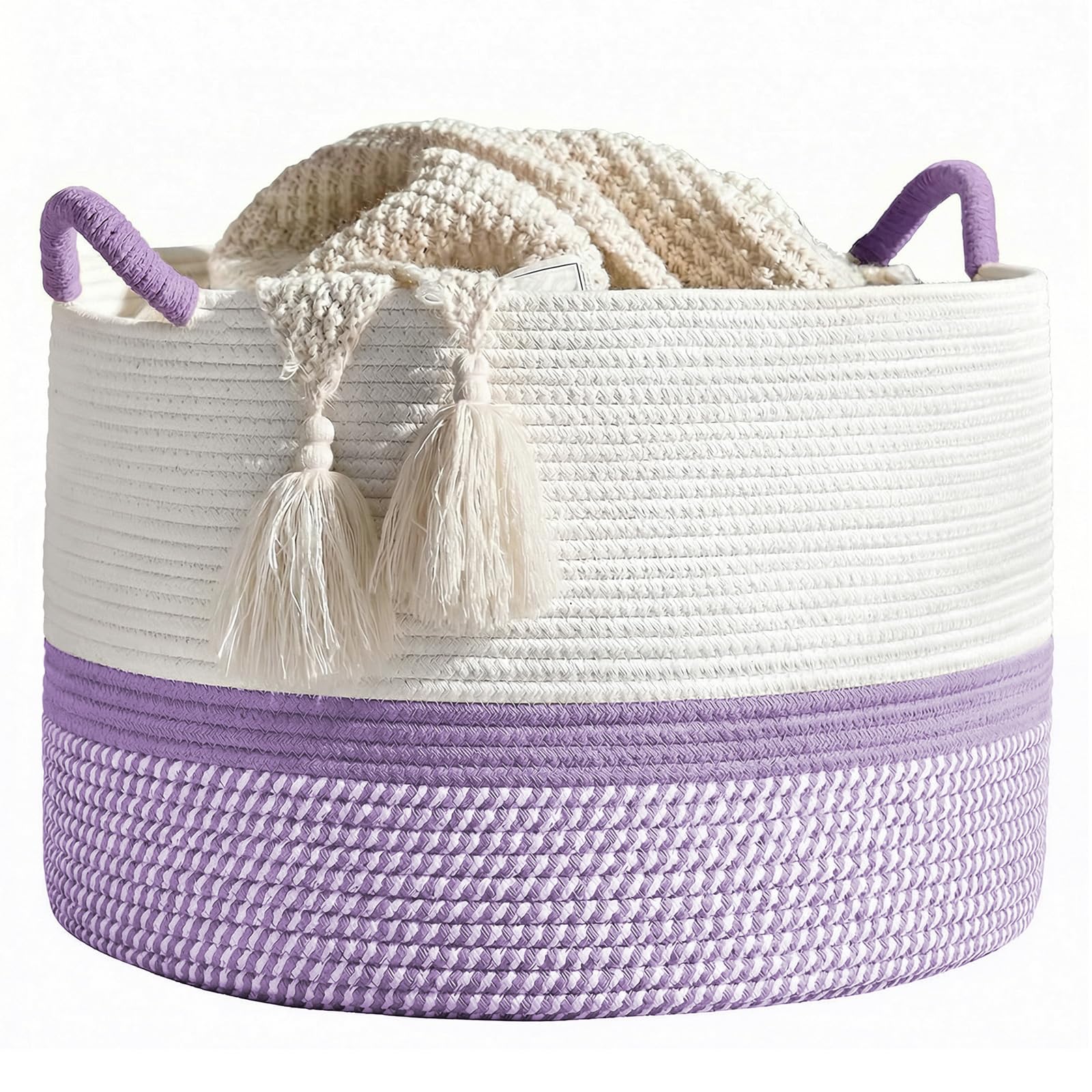 Large Storage Basket - 50 x 35 CM Cotton Rope Laundry Basket Toy Basket with Handle, Toy Storage Basket for Kids, Baby Woven Laundry Hamper, Blanket Basket for Living Room Nursery, White+Purple
