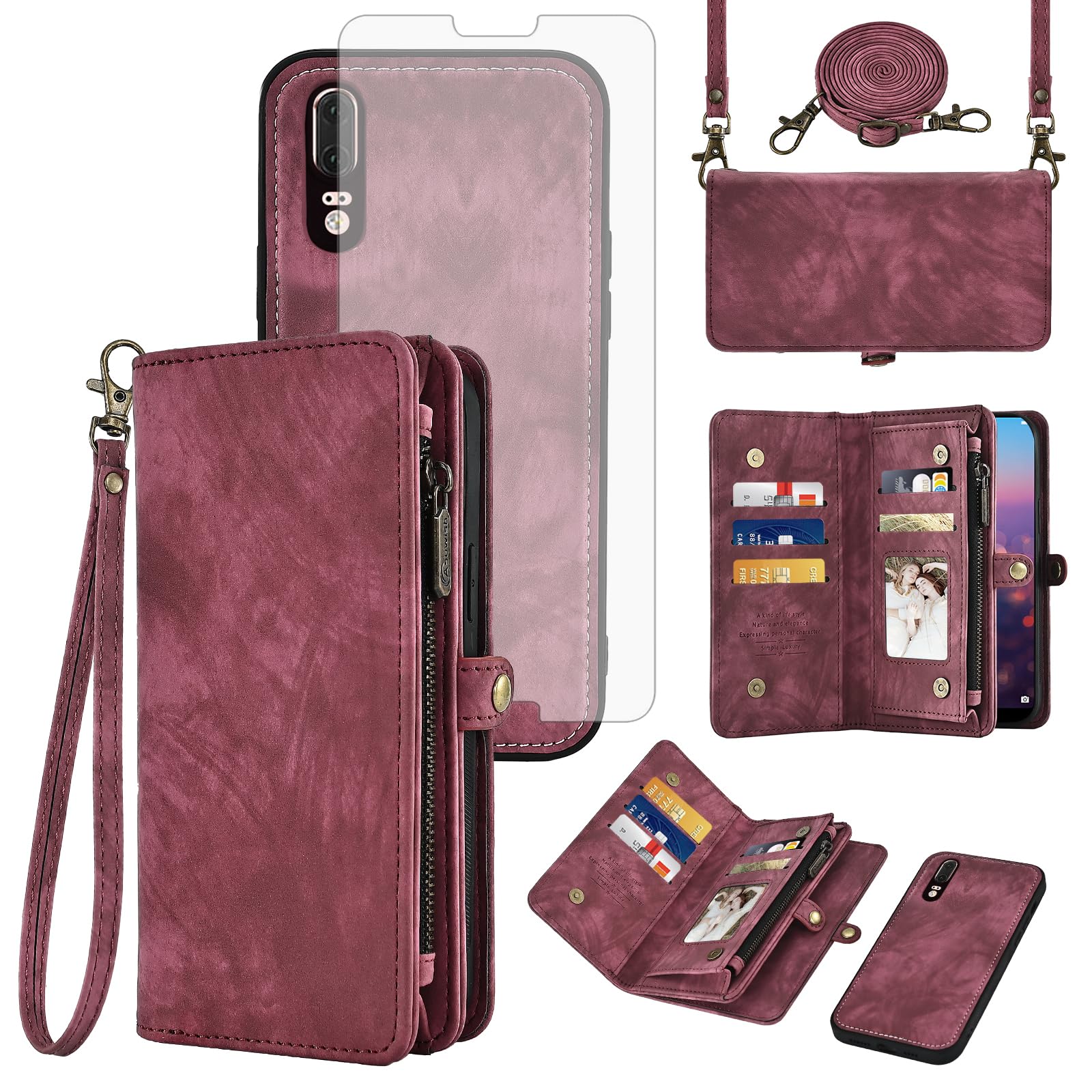 Asuwish Custodia per Huawei P20, con nastro, pellicola protettiva per carte di credito, pieghevole, in pelle, con fiori, supporto Hawaii P 20 20P EML-L29, custodia protettiva con chiusura lampo