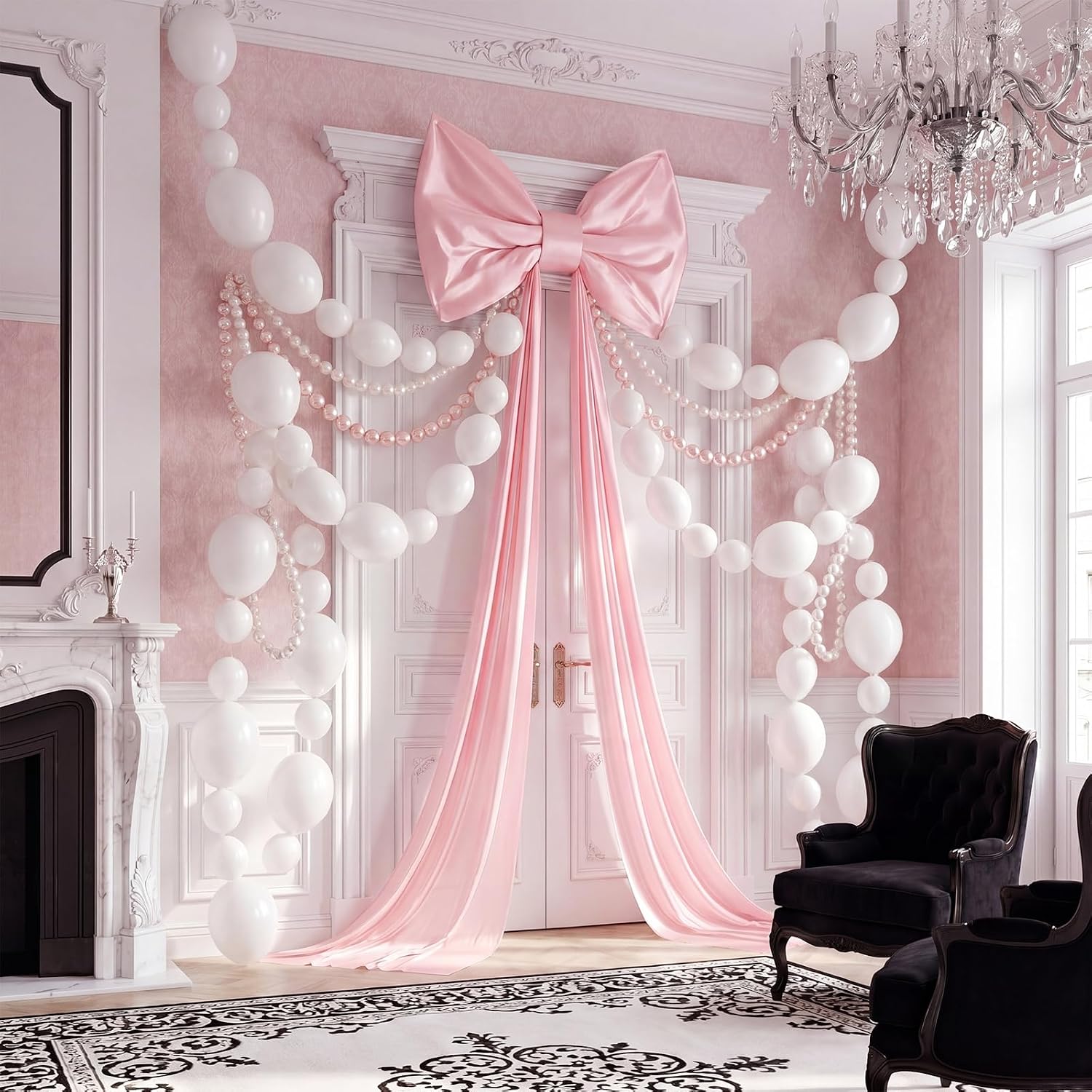 Hotop Giant Pink Bow with 100 Pcs White Link Balloons, 32 x 24 Inch Large Ice Silk Bow with 158 Inch Long Streamers for Coquette Backdrop Wedding Birthday Baby Shower Graduation Valentines Party Decor