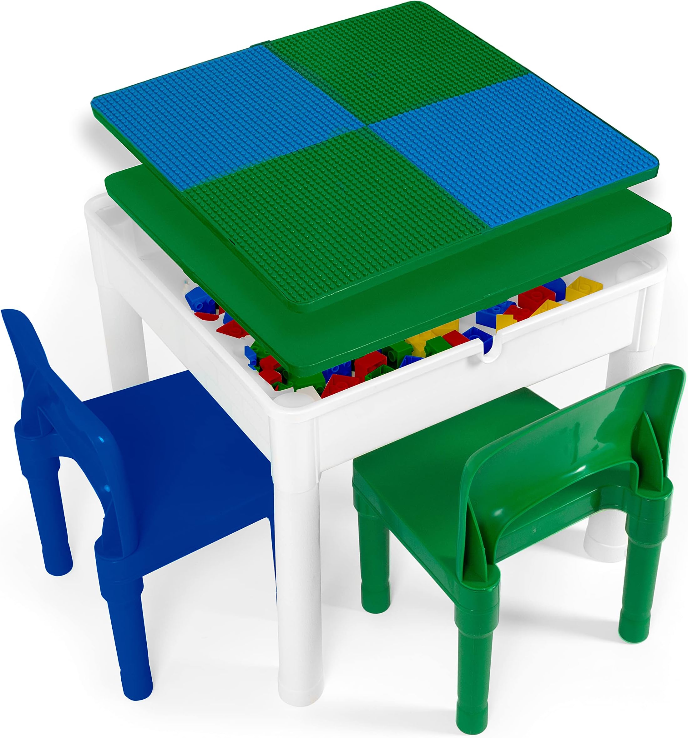 Play Platoon (Blue & Green) - Kids Activity Table Set - 3 in 1 Water Table, Craft Table and Building Brick Table with Storage - Includes 2 Chairs and 25 Jumbo Bricks - Blue and Green