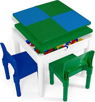 Play Platoon 5 in 1 Kids Activity Table and Chair Set - Stacking, Leg, Craft, Sensory Table for Toddlers with 2 Chairs & 25 XL Blocks - Blue and Green