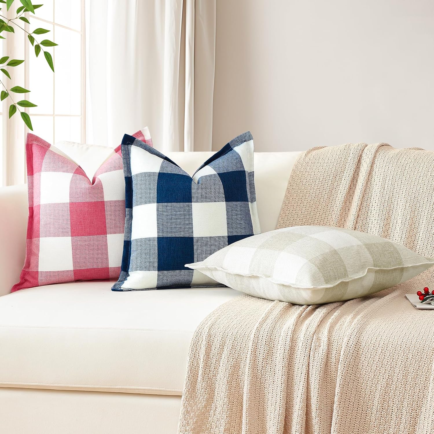 OTOSTAR Pack of 2 Gingham Buffalo Check Plaid Decorative Throw Pillow Covers Linen Christmas Tartan Lumbar Pillow Covers with Stitched Edge Farmhouse Pillow Cases for Sofa Bed 18x18 Inches, Blue