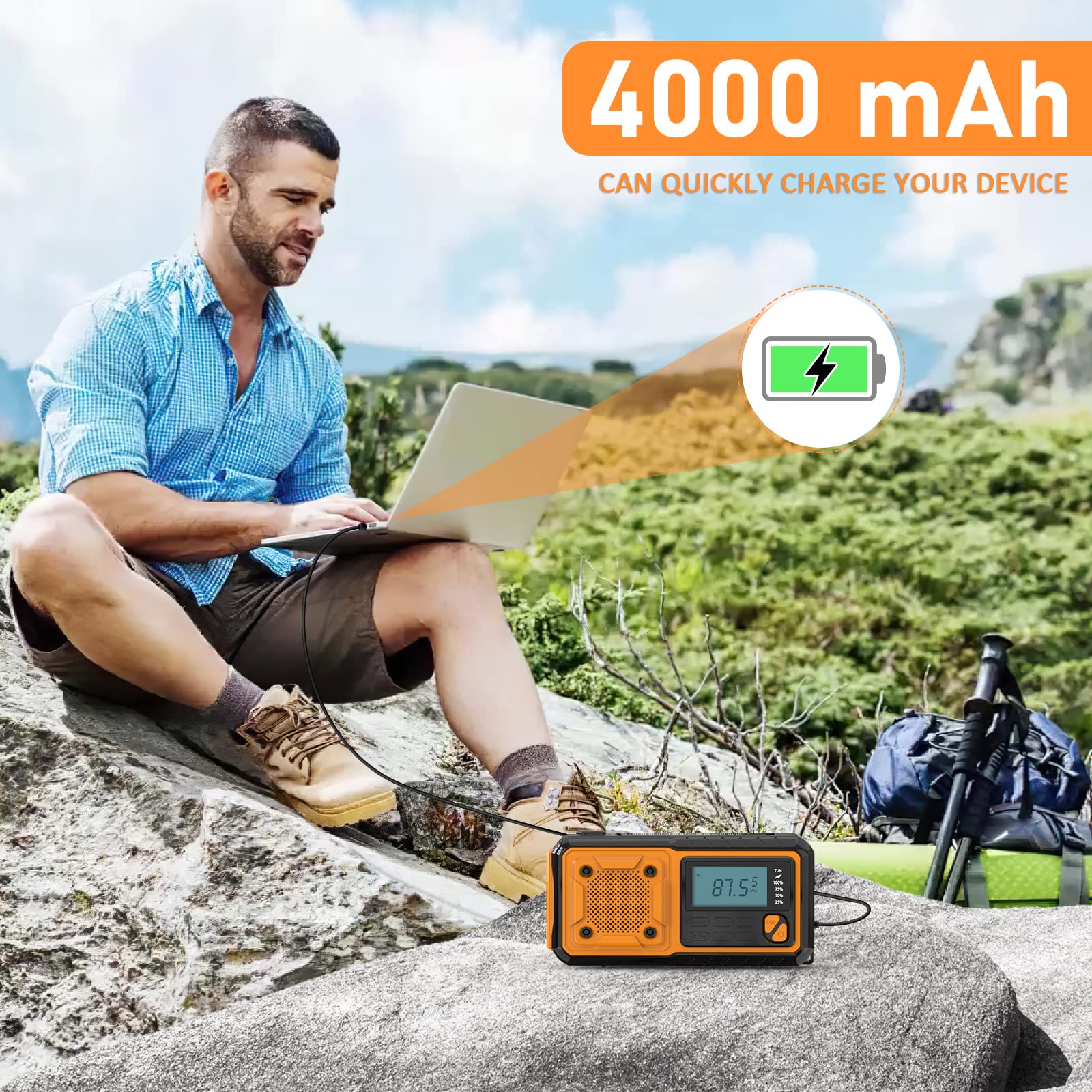 Tendak Radio korbowe z funkcją ładowania telefonu komórkowego, radio awaryjne FM AM SW o pojemności 4000 mAh, możliwość ponownego ładowania, alarm SOS, latarka i lampka do czytania, radio solarne na