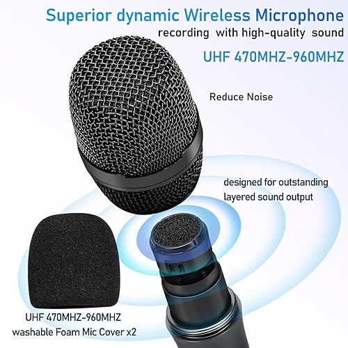 Miniatura 2 de Sistema de karaoke de micrófono inalámbrico con receptor Bluetooth recargable, micrófono inalámbrico dinámico de mano profesional, rango UHF de 200