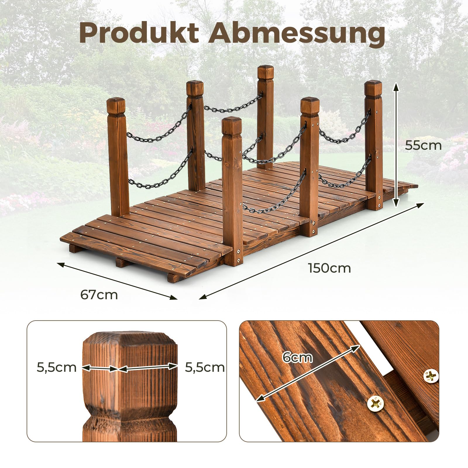 COSTWAY Brücke, Teichbrücke Gartenbrücke, Holzbrücke mit Geländer, Zierbrücke belastbar bis 120 kg, Dekobrücke für Garten, Teich, Bach, Bauernhof, 150 x 67 x 55 cm, Braun