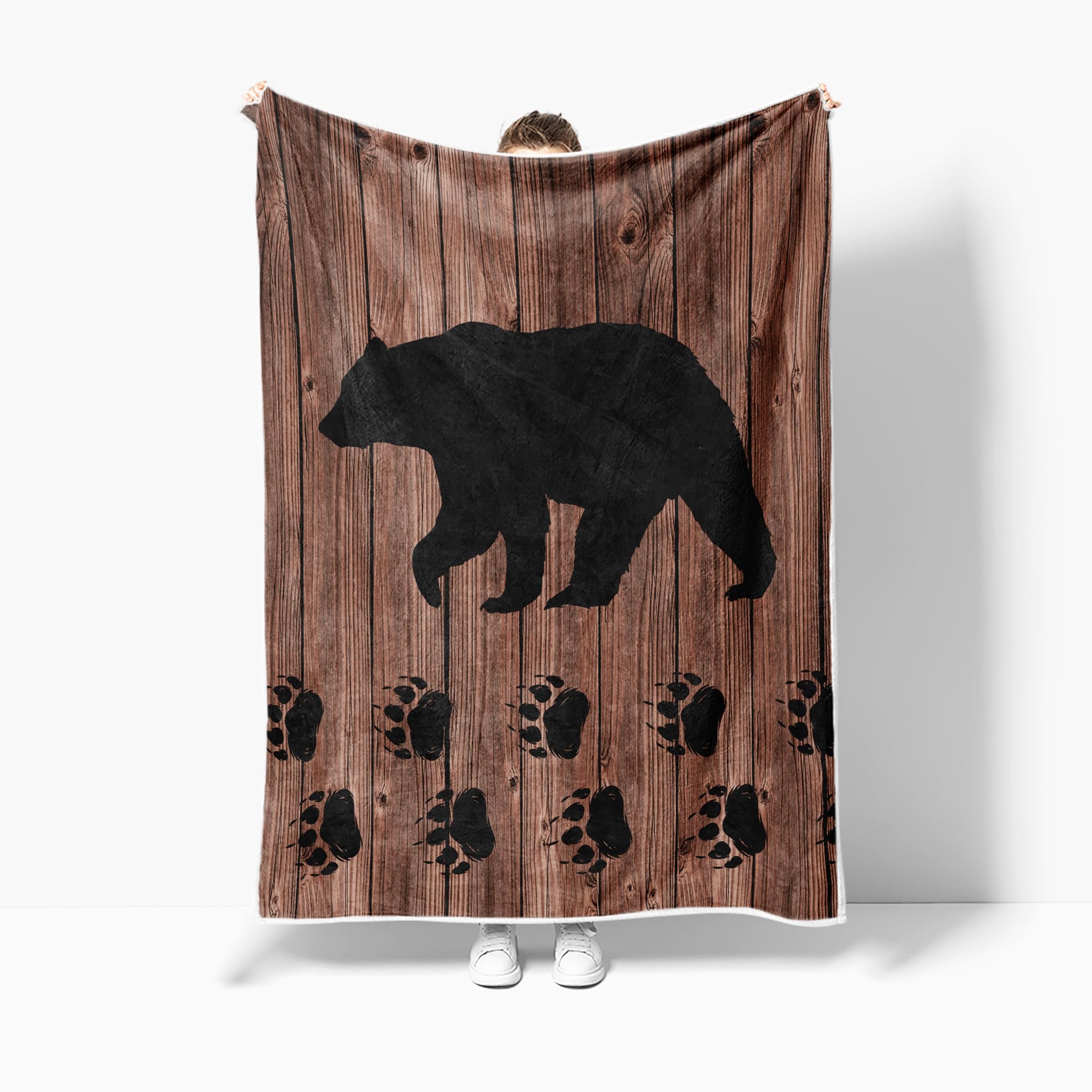 Torich Cabin Bear Throw Blankets, Rustic Lodge Brown Wooden Country Hunting Wild Animal Cozy Warm Bed Couch Blanket, White Fleece Flannel Throws to