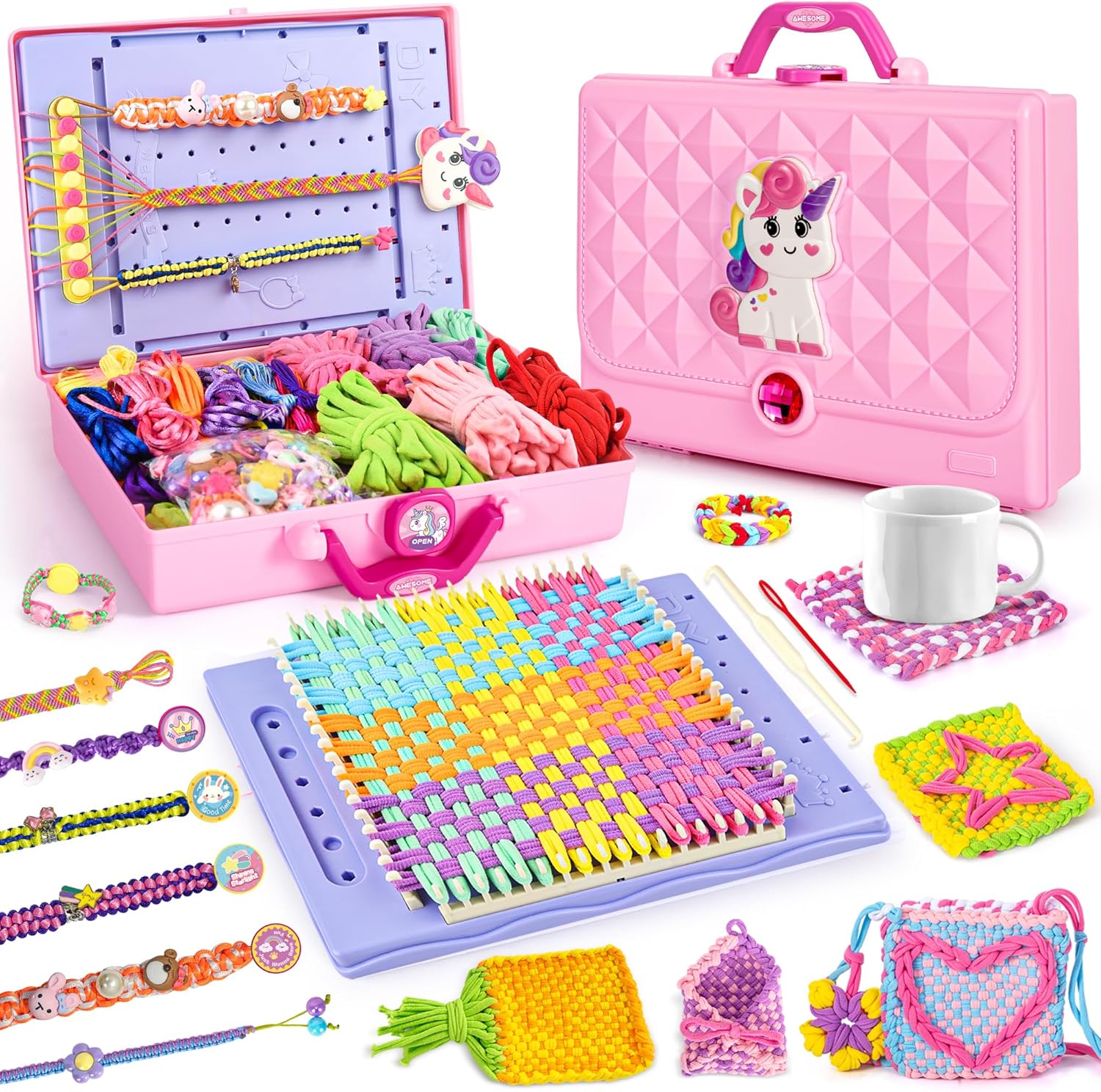 Nicella Multi-Functional 400+ Pcs Friendship Bracelet Making Kit for Girls,Weaving Loom Kit Toys, Craft Kits for Kids,Age 6-12 Year Old Girls Gifts Ideas, Bracelet & Coaster & Bag Weaving Making kit