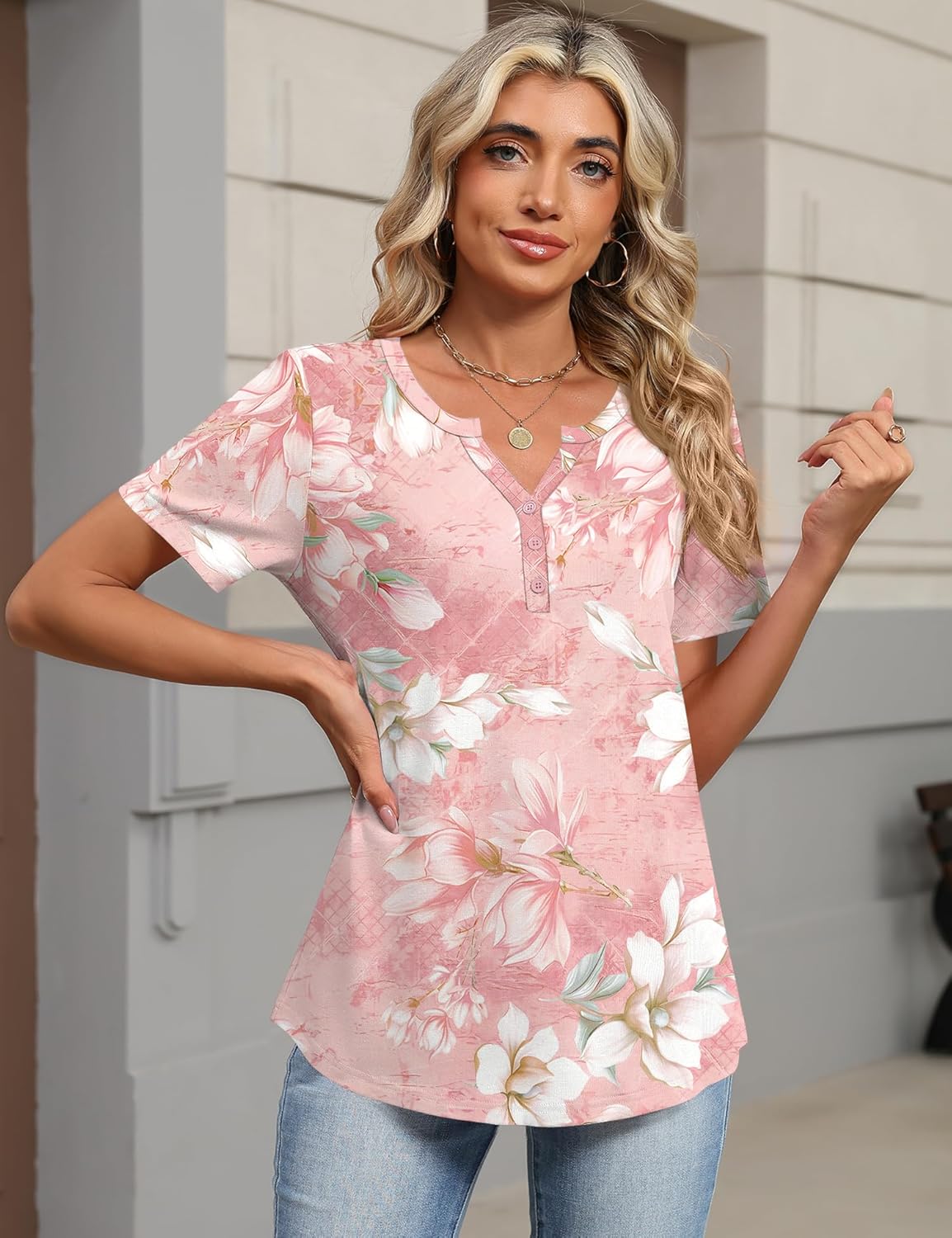 TCOT Women's Tops Dressy Casual Summer Blouses Short Sleeve Button V Neck Spring Tee Shirts - Image 2
